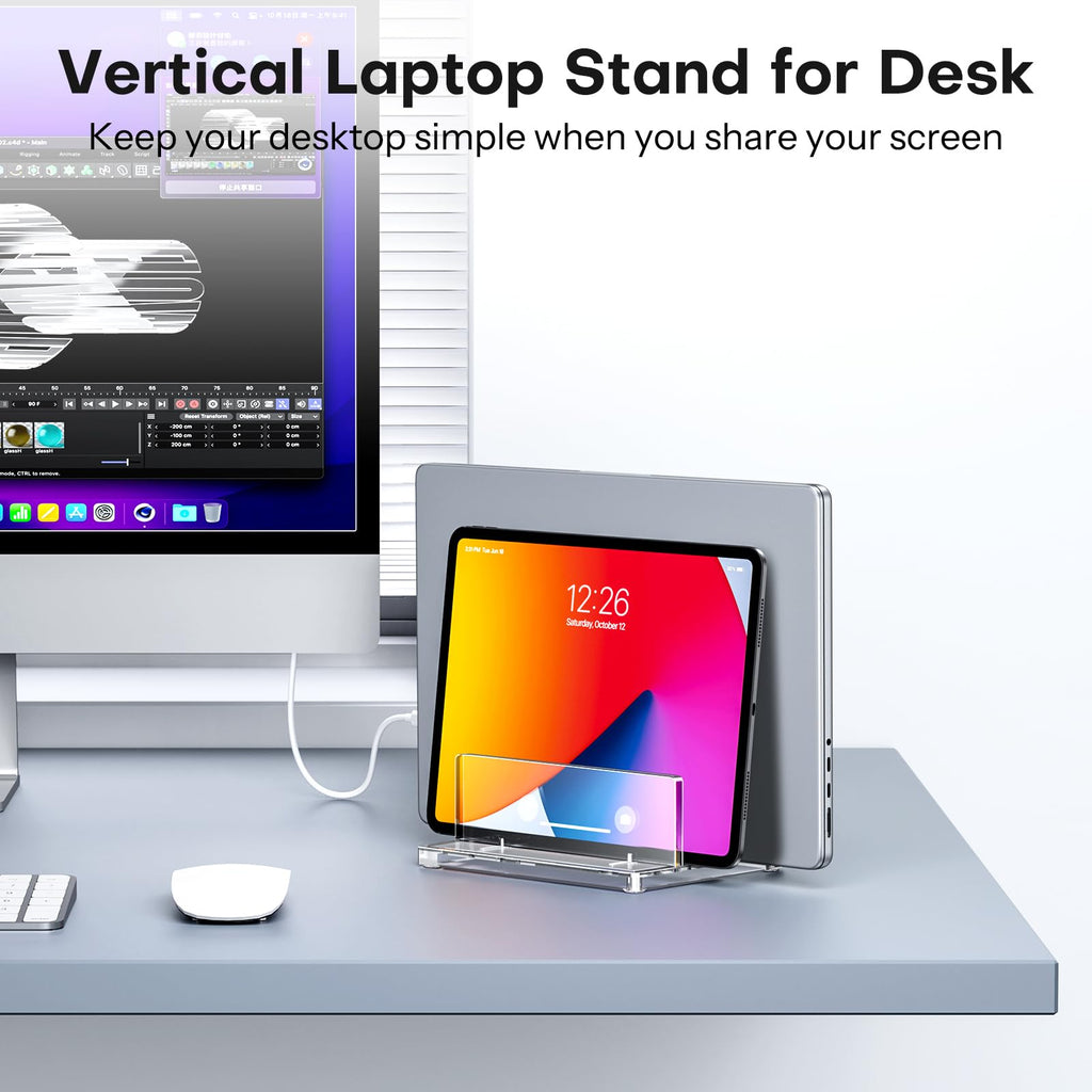 Vertical Laptop Stand for Desk, OMOTON Acrylic Dual Laptop Holder Desktop Clear Adjustable Dock for MacBook Pro Air, HP, All Gaming Laptops up to 17” (Clear)