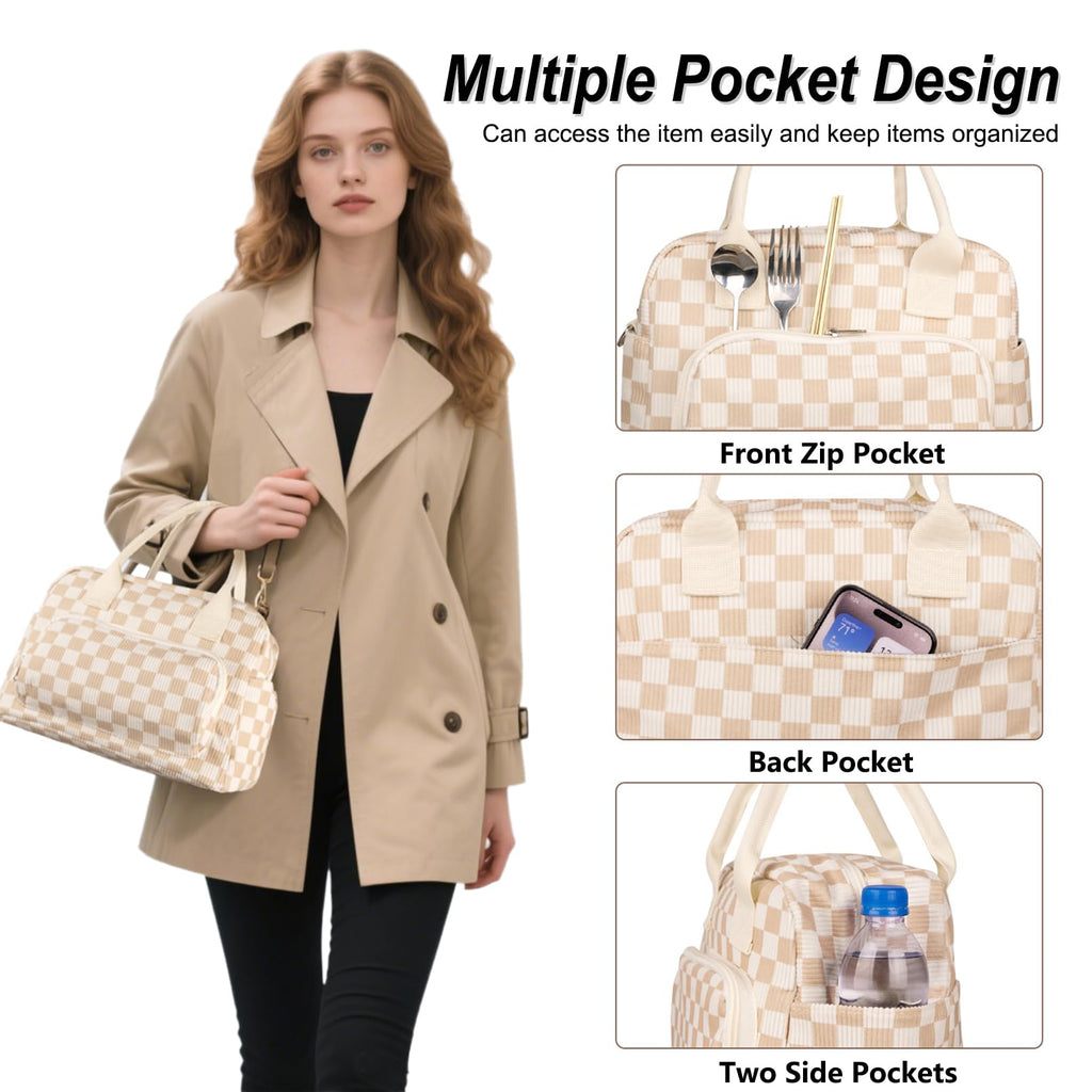 FITDON Insulated Lunch Bag for Women Men, Large Lunch Box Container Leakproof Corduroy Cooler Bag Lunch Tote Bag for Work Picnic, Light Checkerboard