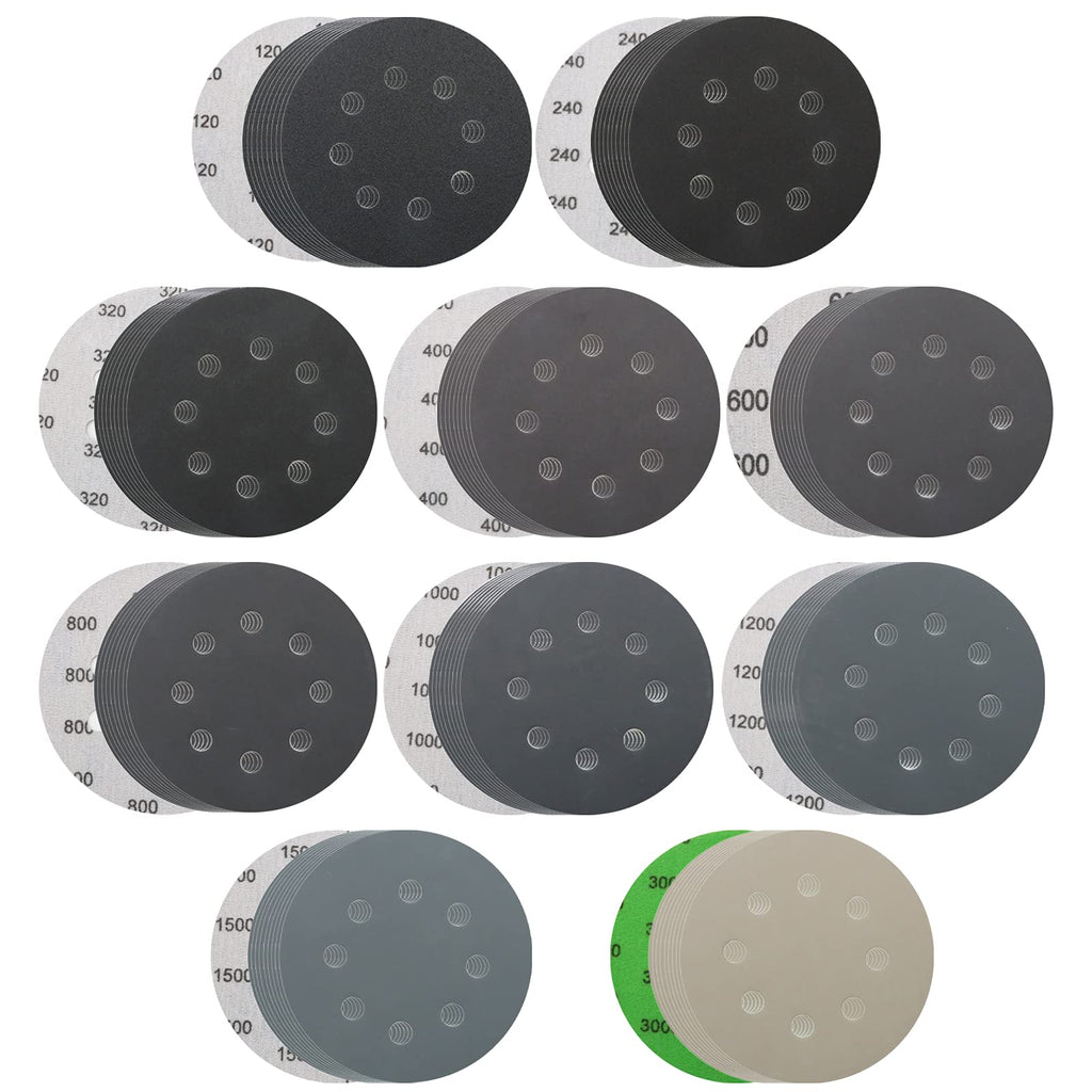 100 PCS Wet Dry Sanding Discs Set, VIBRATITE 5 Inch 8 Holes Hook & Loop Sandpaper 10 Different Grades Including 120 240 320 400 600 800 1000 1200 1500 3000 Grits for Random Orbital Sander