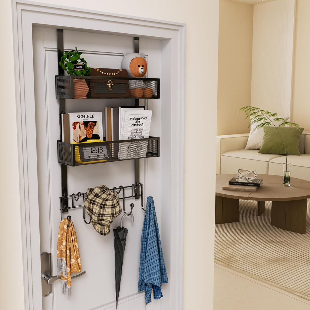 HapiRm Over The Door Organizer - Over The Door Hooks Hanger with 9 Coat Hooks +2 Mesh Baskets Storage Rack for Clothes Bag, No Drilling (for 1.76in Doors)