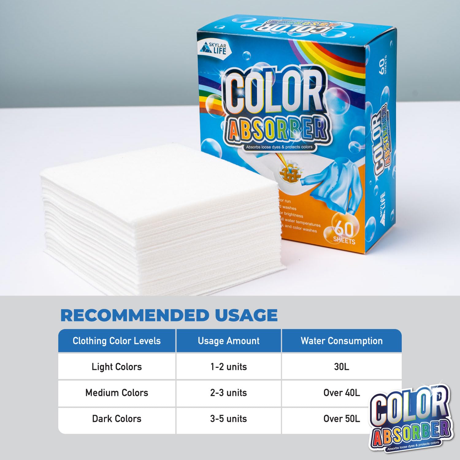Skylarlife Color Absorber Sheets for Laundry, 60 Count, Prevent Clothes from being dyed, Fragrance Free Dye-Trapping Sheets for Family, Students and Vacationers