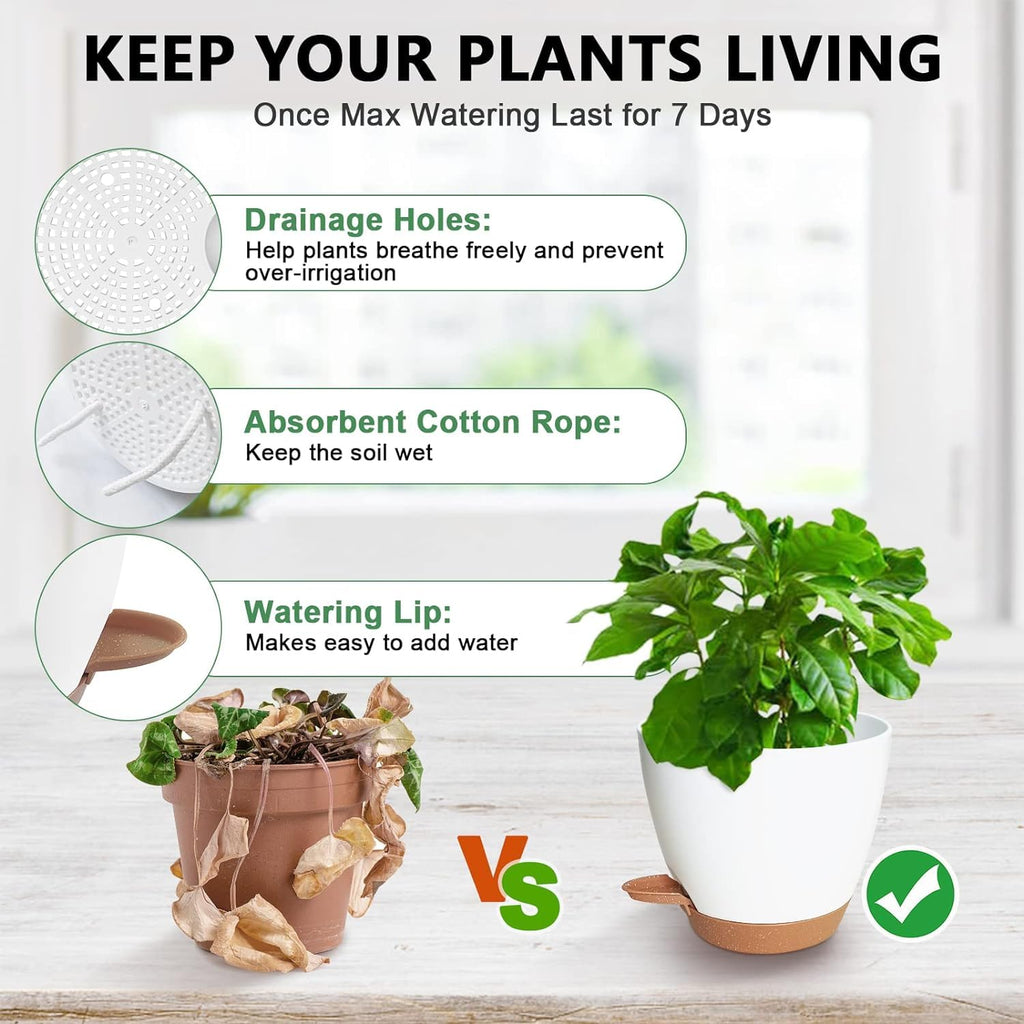 5 Pack Plant Pots 7/6.5/6/5.5/5 Inch Self Watering Planters with Mesh Drainage Holes and 3 Garden Tools for Indoor Outdoor Garden Plants Flowers (White)