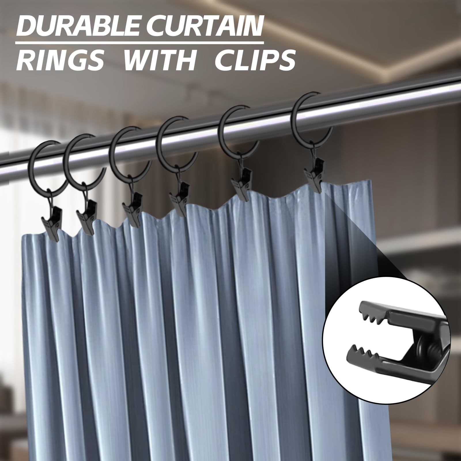 50 Pcs Curtain Hooks, 1.5 inch Black Curtain Rings, 4mm Thicken Rustproof Curtain Rings with Clips, Metal Curtain Clips for Hanging Drapery Drapes Bows