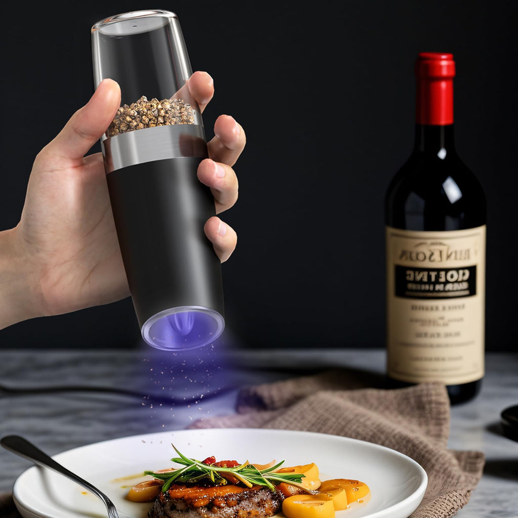 PEIPU Electric Pepper and Salt Grinder, Seasoning Mill，Adjustable Coarseness,with LED Light,One Hand Automatic Operation, Stainless Steel