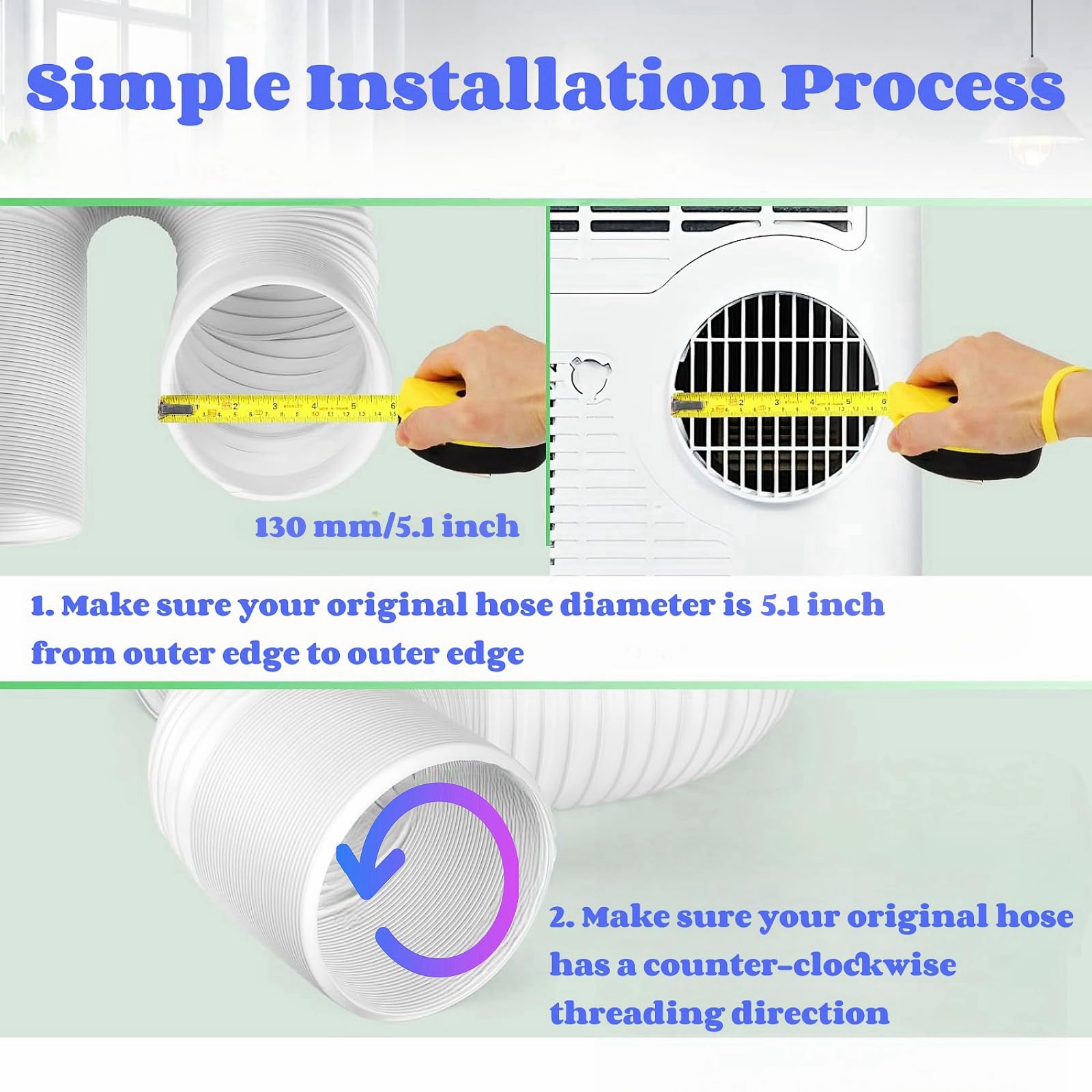Portable Air Conditioner Hose, 5.1 Inch Diameter Counter Clockwise AC Hose Exhaust Vent Length up to 59", Universal Portable AC Exhaust Hose Air Conditioner Parts & Accessories (Hose - 5 inch)