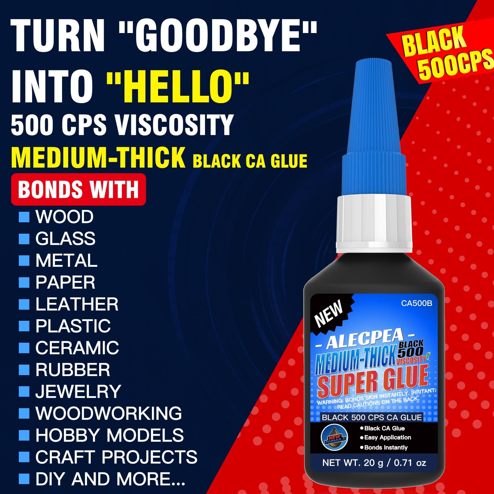 20g Black Medium-Thick CA Glue (150 CPS),Premium Cyanoacrylate Super Glue for Wood, Glass, Metal, Paper, Leather, Plastic, Ceramic, Rubber, Jewelry, Woodworking, Hobby Models, and Craft Project
