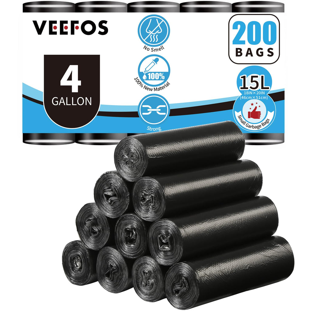 Veefos Heavy Duty 4 Gallon/15L Small Trash Bags - 200 Count, Thick Bathroom Small Garbage Bags, Unscented and Leak-Proof Black Garbage Can Liners for Kitchen, Office and Bedroom