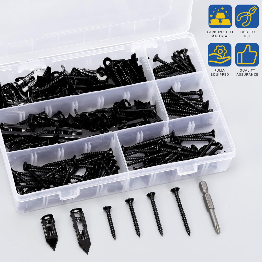 Glarks 201pcs Drywall Self-Drilling Anchors with Screws Set, 100pcs Carbon Steel Hollow Wall Anchor Tapping Screw with 100pcs Screws and 1pcs PH2 Bit Kit for No Drill or Holes in Wall