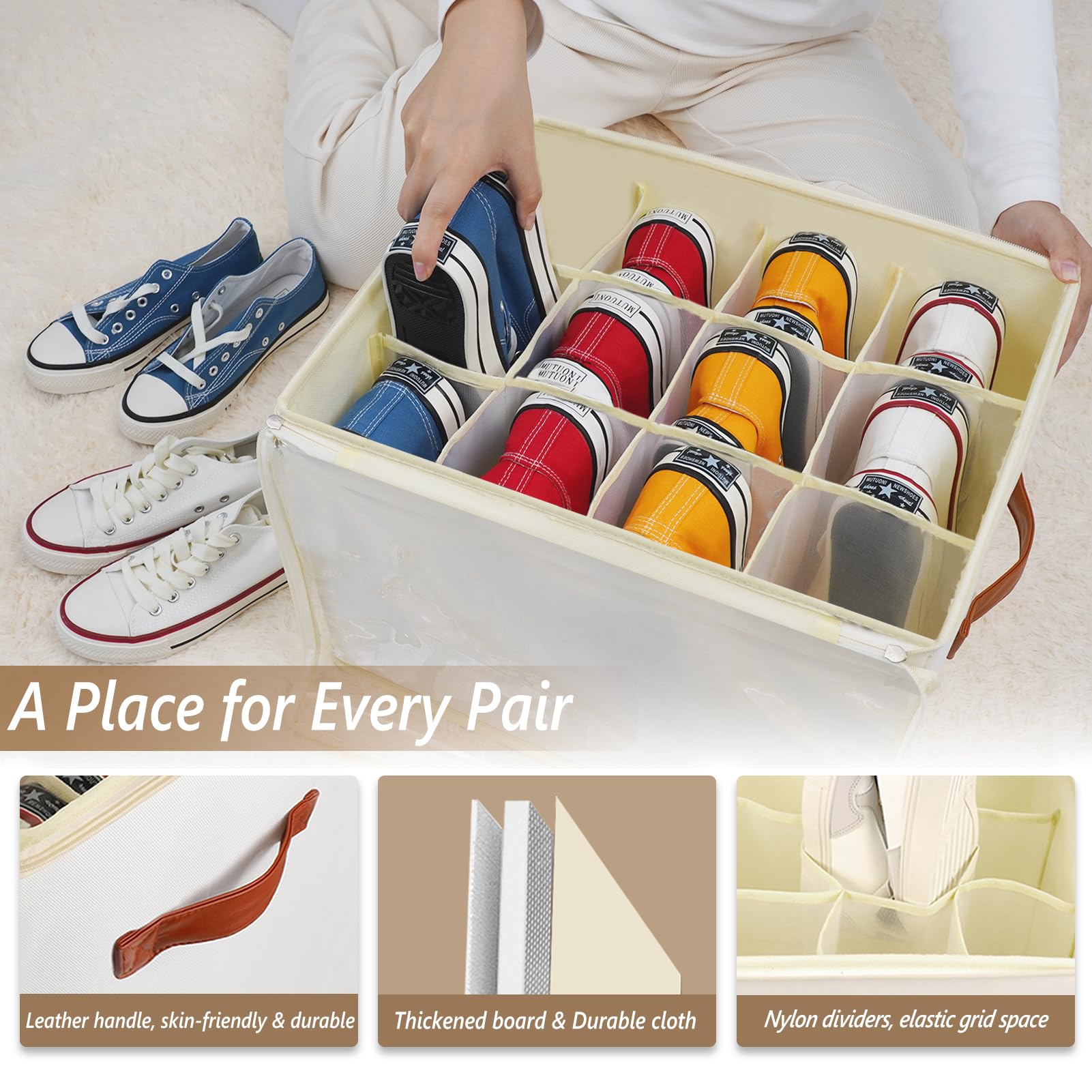 Patinao 3 Pack Shoe Storage Box Organizer for Closet - 24 Cell Space Saver Shoes Containers Bin with Clear Lids Stackable, Can Fit Ottoman, Foldable Shoe Rack Cabinet Cubby for Wardrobe