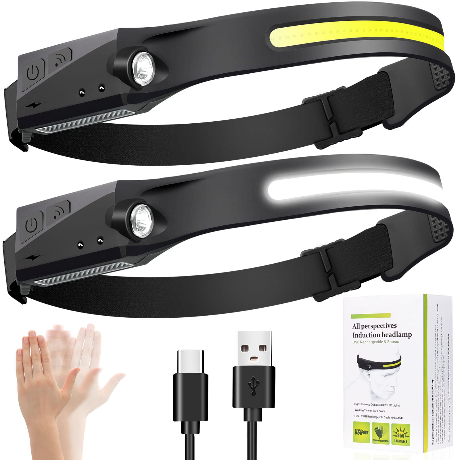 Headlamp Rechargeable 2Pack, Rechargeable LED Headlamp，230° Wide Beam Head Lamp LED with Motion Senso for Adults，5Brightness Modes, High Lumen Headlight for Running,Repairing, Camping, Hiking, Fishing