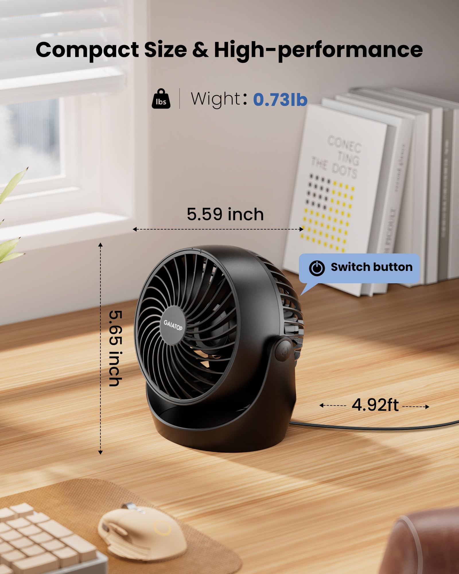 Gaiatop Desk Fan, 5-Inch Portable Electric Table Desktop Air Circulator Fans, Small but Powerful with 3 Speed 360° Adjustable Tilt for Cooling Home Dorm Office Bedroom Bathroom Kitchen，Black