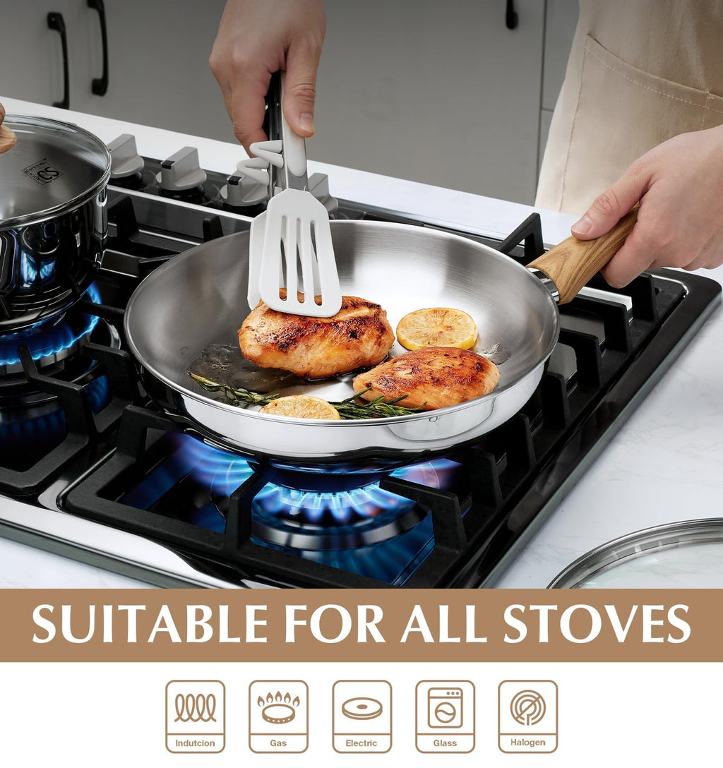 KOCH SYSTEME CS Stainless Steel Pan 10 Inch, Stainless Steel Frying Pan with Lid, 26cm Skillet with Heat-Resistant Bakelite Handle, Tri-ply Bottom, Induction Compatible, Dishwasher Safe