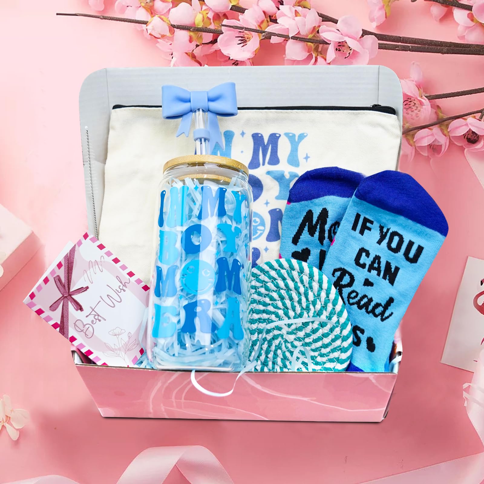 ANOTION in My Boy Mom Era Gift Set - Boy Mom Iced Coffee Cups, Mothers Day Coffee Mug with Straw, New Mom Gifts, Mother's Day Card, Mama Birthday Gift, Glass Tumbler Drinking Cup for Mother