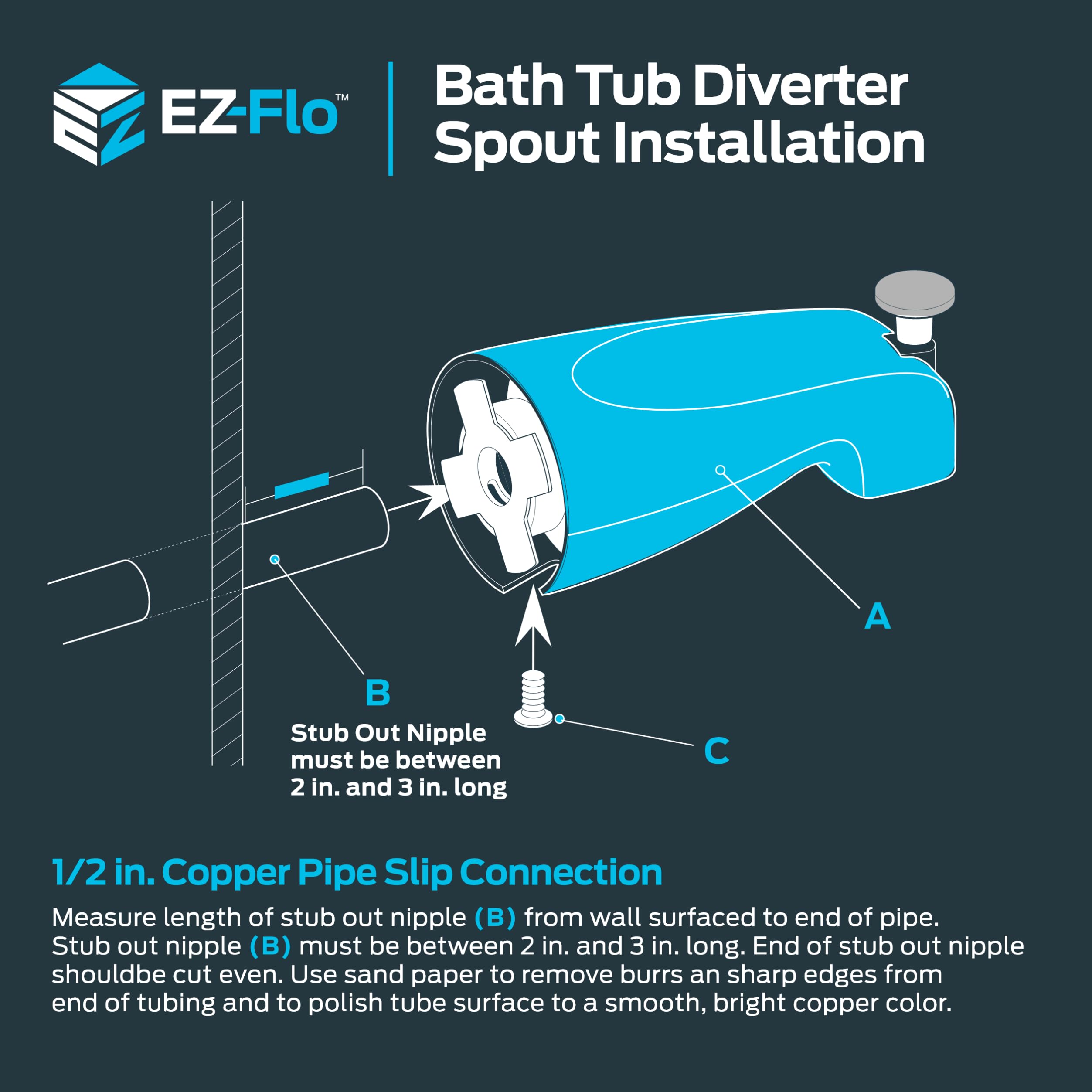 EZ-FLO 15089 Sturdy Zinc Slide-On Bath Tub Diverter Spout with Hex Wrench and Set Screw, 1/2-inch Copper Pipe, Chrome Finish
