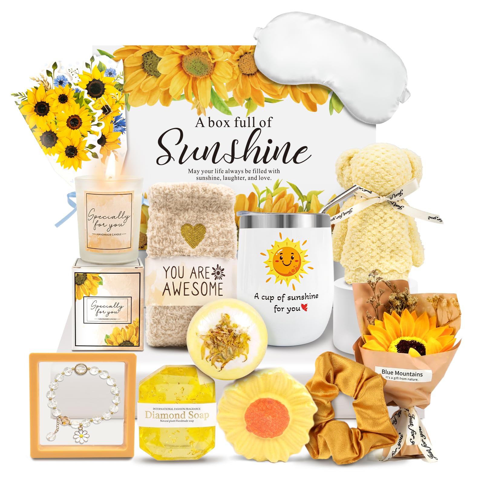 ElatedMore Sunflower Gift Basket for Women,14-Piece Self Care Gift Set, Mothers Day Gift Basket for Mom, Birthday Get Well Thank You Sunshine Care Package for Women Sister Wife Friend（Yellow）
