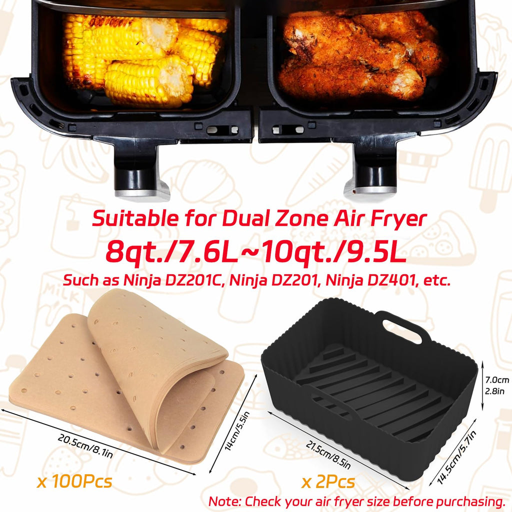 Air Fryer Accessories,9-Pcs Set for DZ201, DZ201C, DZ401, Reusable Silicone Air Fryer Liners & Gloves, Air Fryer Rack, Paper Lining, Food Tong, Oil Brush, Suitable for Oven, Microwave
