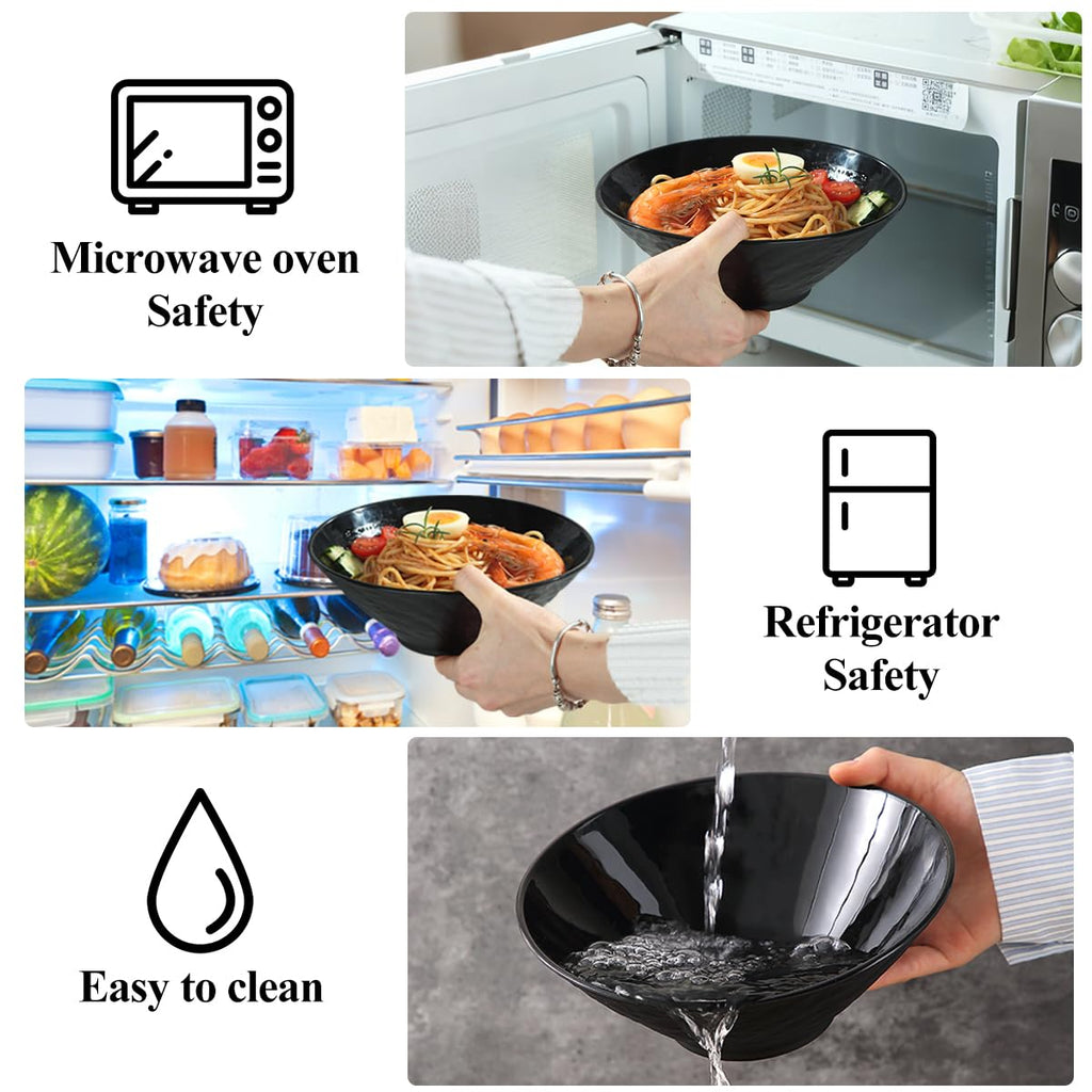 Kyraton Ramen Bowl Set 1200ml with Chopsticks Dipping Bowls and Spoons: 2 Large Unbreakable Japanese Style Plastic Noodle Soup Bowls for Asian Pho Soup Thai Miso Udon Wonton (Black, White)