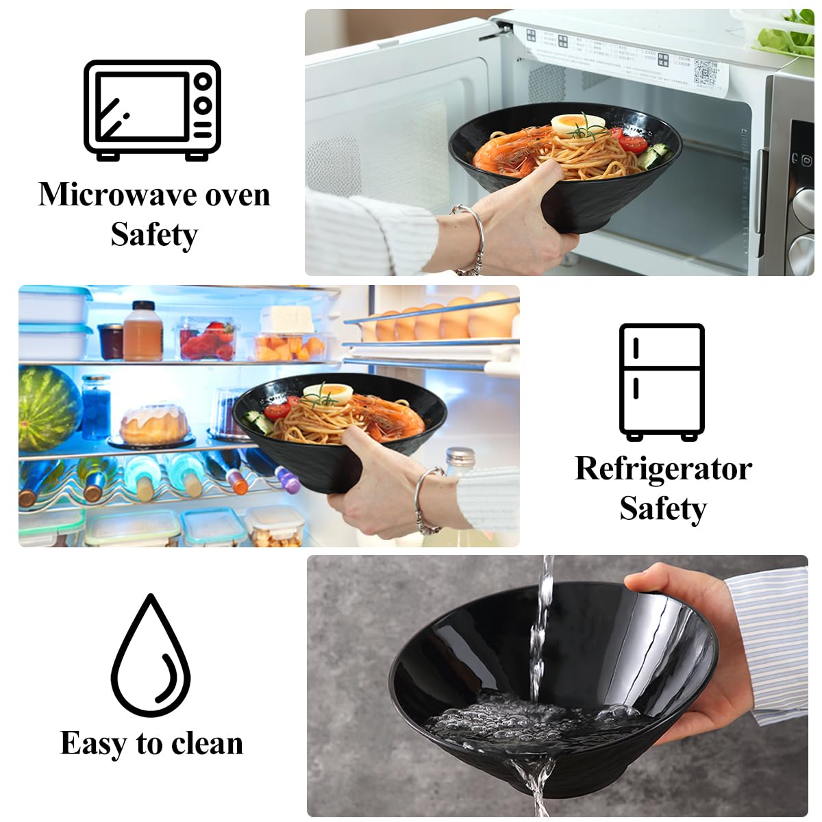 Kyraton Ramen Bowl Set 1200ml with Chopsticks Dipping Bowls and Spoons: 2 Large Unbreakable Japanese Style Plastic Noodle Soup Bowls for Asian Pho Soup Thai Miso Udon Wonton (Black, White)