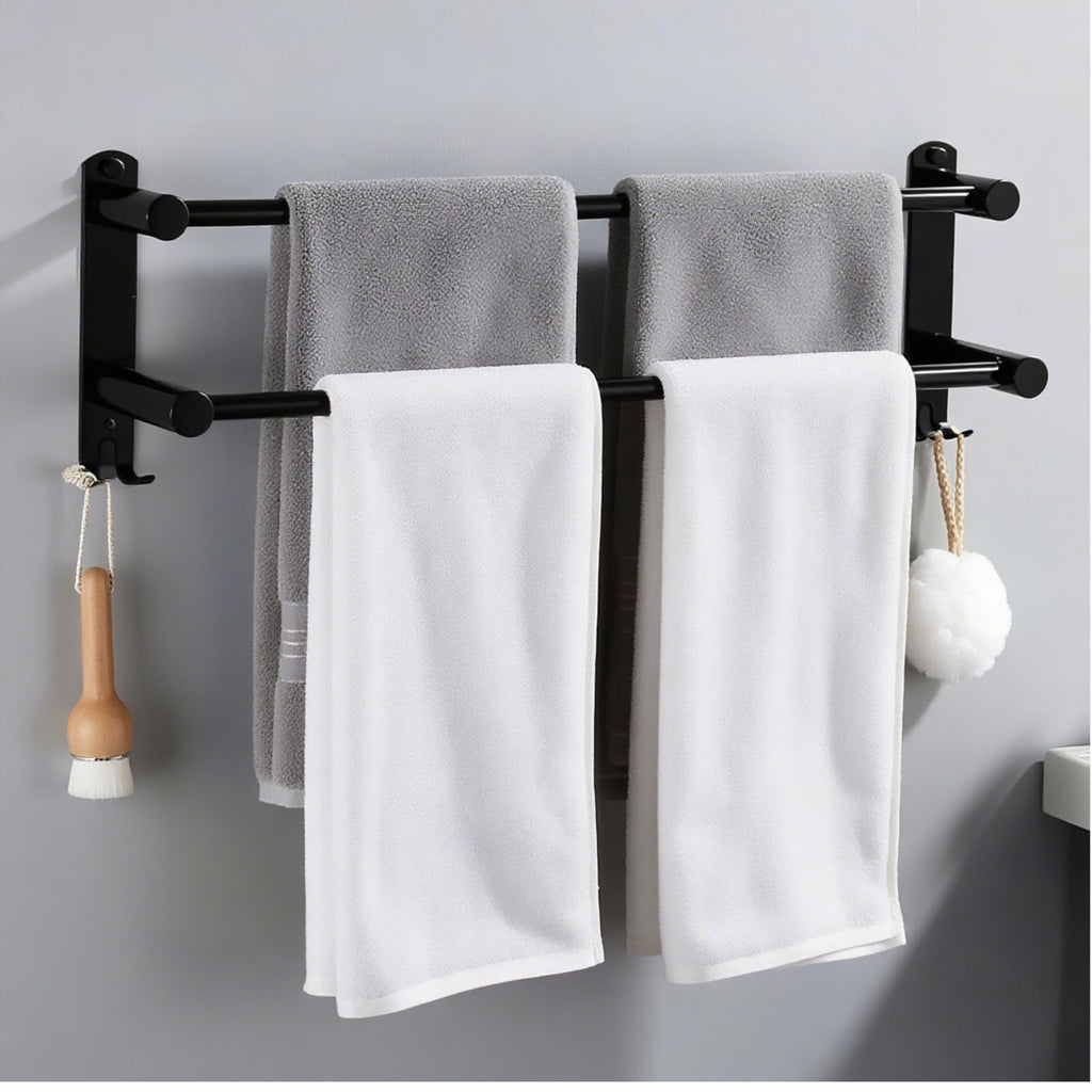 MEKENSO SUS304 Dual Bar Adjustable Towel Bar, Expandable Space Saving Towel Rack, Bathroom Towel Holder with Double Hook 16.9 to 29.9 Inch, No Drill/Screw Installation.（Black）