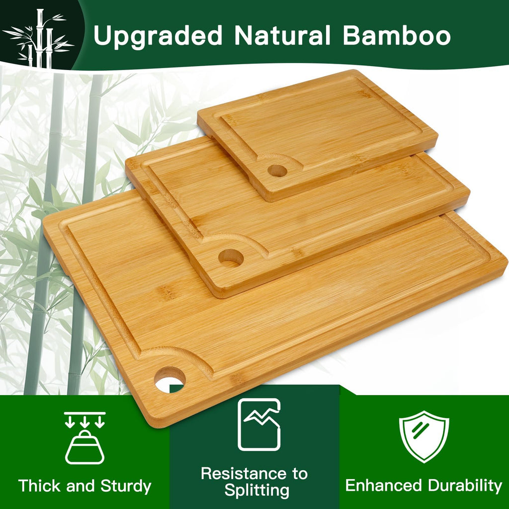 Bamboo Cutting Board [Set of 3], Wooden Cutting Boards for Kitchen, Wood Cutting Boards with Deep Juice Groove & Side Handles,Charcuterie Board for Meat, Ideal for Meal Prep and Chopping