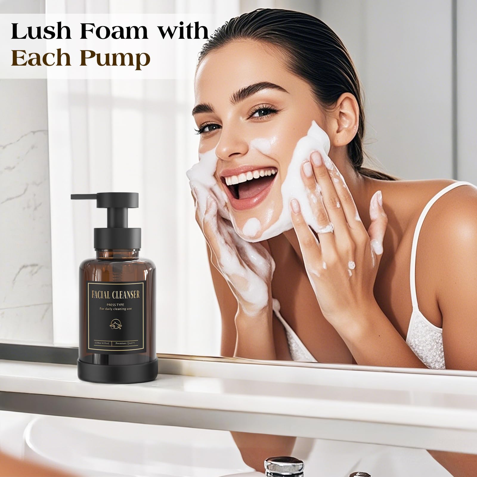 Luxspire Foaming Soap Dispenser, Glass Foam Pump Soap Dispenser, Non-Slip Hand Soap Dispenser with 5 Waterproof Labels, 15 Oz Refillable Liquid Soap Dispenser for Bathroom & Kitchen, Amber, 2 Pack