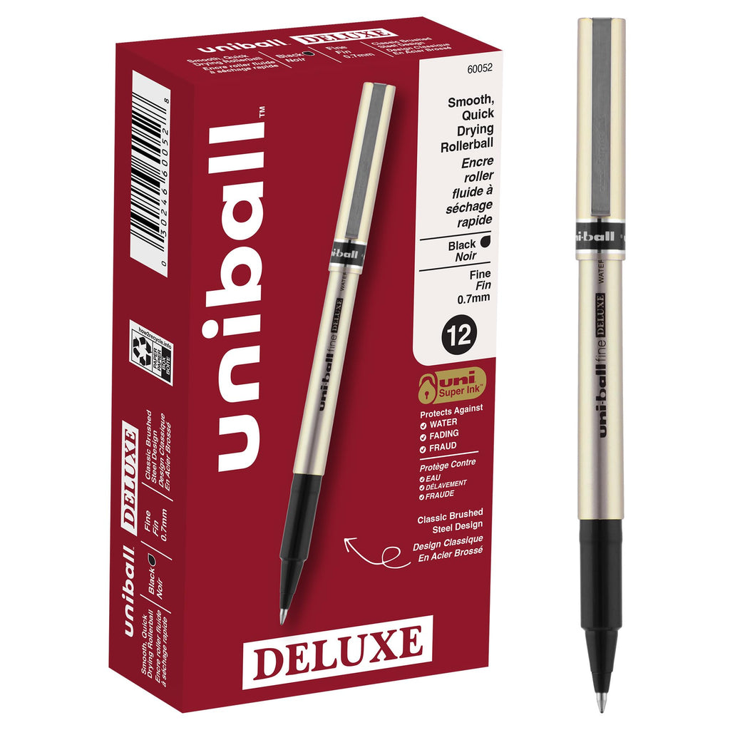 uni-ball DELUXE Rollerball, Stick Roller Ball Pen Fine-0.7mm, 12 Pack, Black Ink (60052)