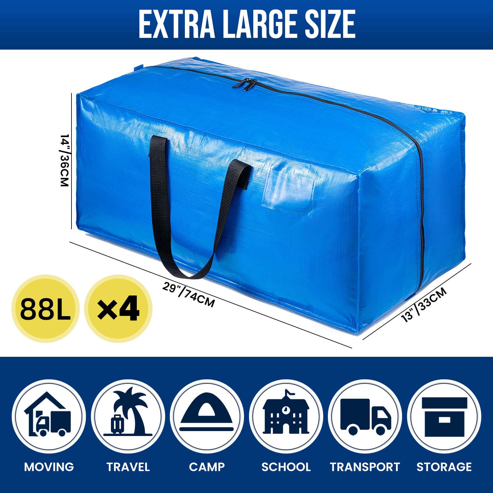 TAILI Heavy Duty Moving Bags, Cloth Storage Extra Large Tote Bag Container with Sturdy Zipper and Strong Handles, Blue, 4 Pack