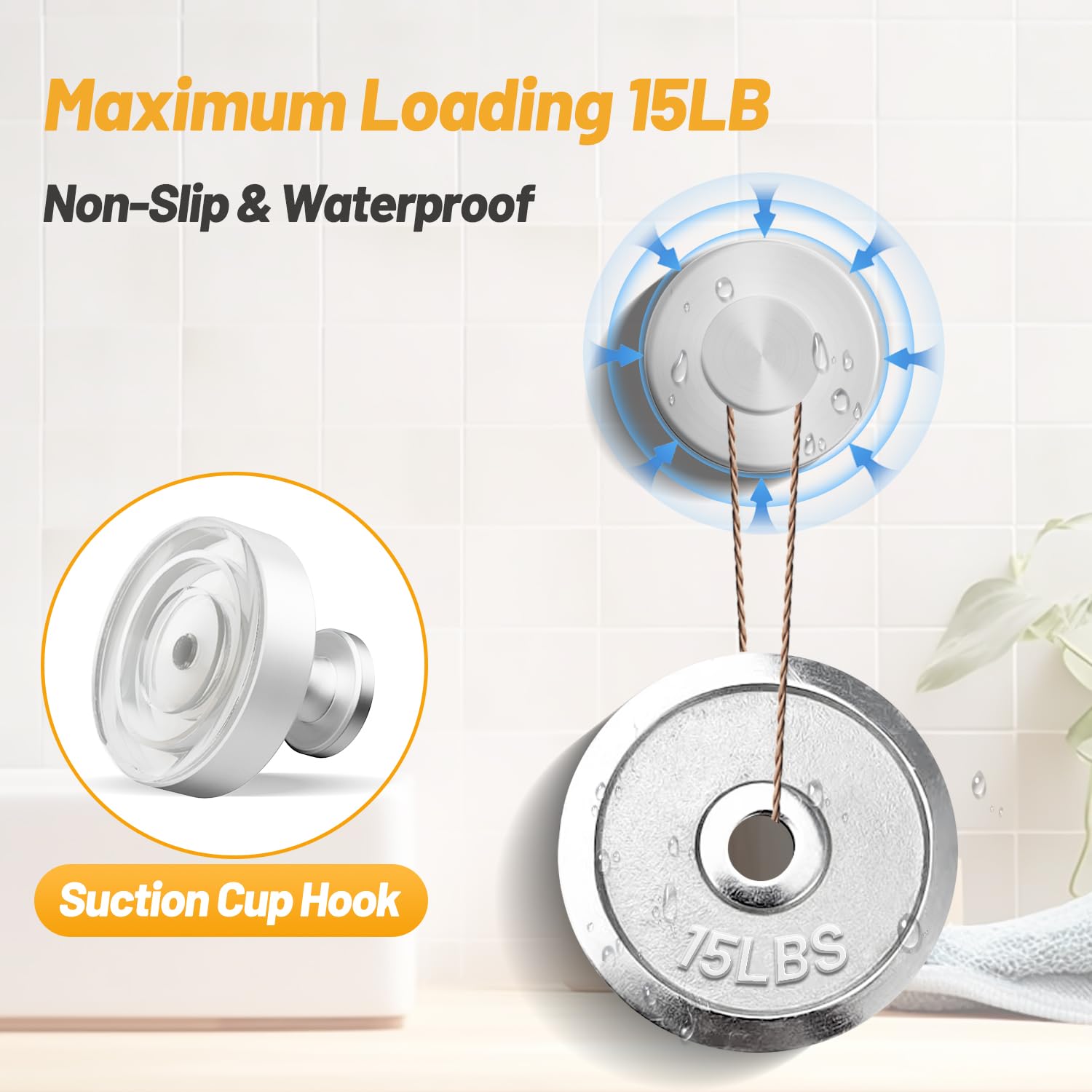 VEHHE 4 Pack Self-Adhesive Suction Cup Hooks for Shower, Heavy Duty Reusable Shower Hooks for Inside Shower, No-Drill Shower Hooks Suction Cup for Bathroom, Bath Towel, Towel (Silver)