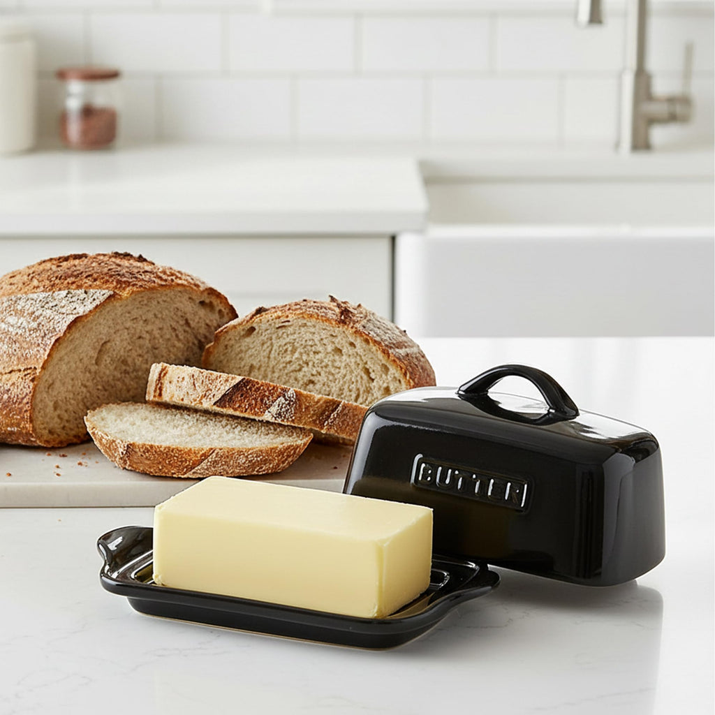 Zulay Kitchen Butter Dish with Lid – Large 1 lb Canadian Size, Black Porcelain Butter Tray & Butter Container for Countertop or Refrigerator - Black