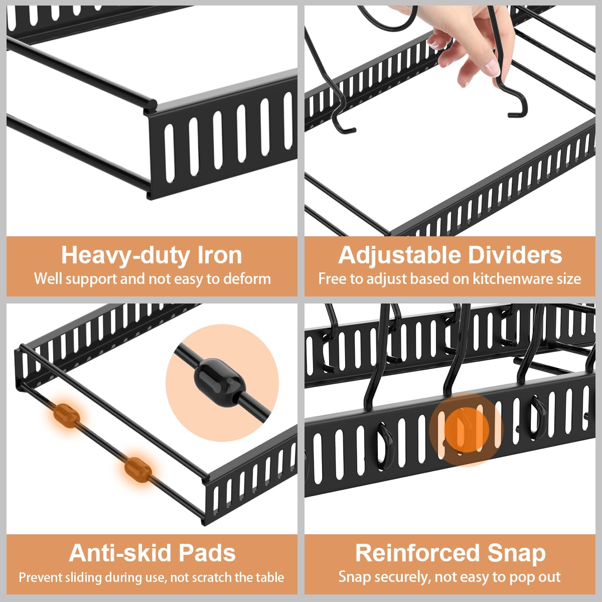 Housolution Pot and Pan Organizer Rack for Cabinet, Expandable Pot Lid Organizer with 14 Adjustable Dividers, Pan Holder Storage Rack for Kitchen Cabinet, Black