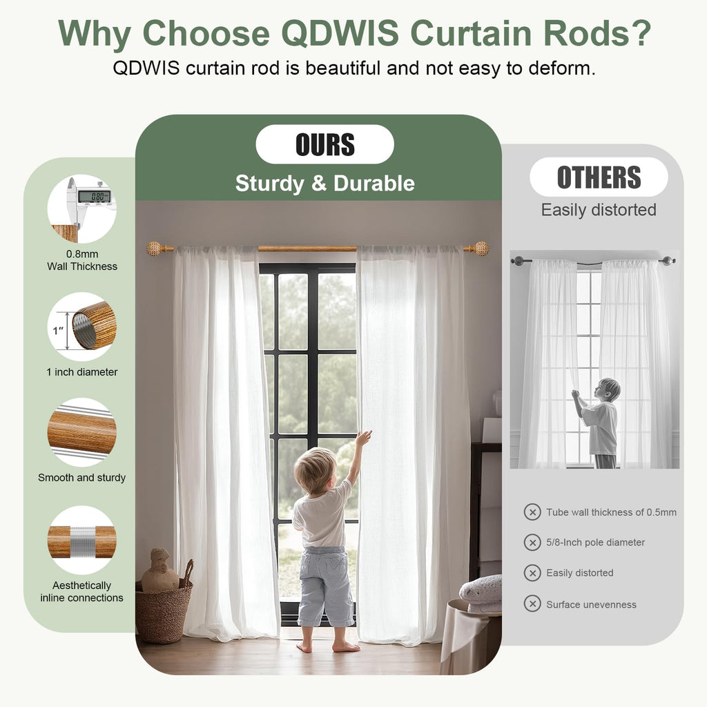 QDWIS Wood Curtain Rods for Windows 48 to 84 Inch,1'' Diameter Drapery Rods with Imitation Wood Grain Leaf Pattern Finials,Boho Adjustable Heavy Duty Curtain Rods Set,36-88''