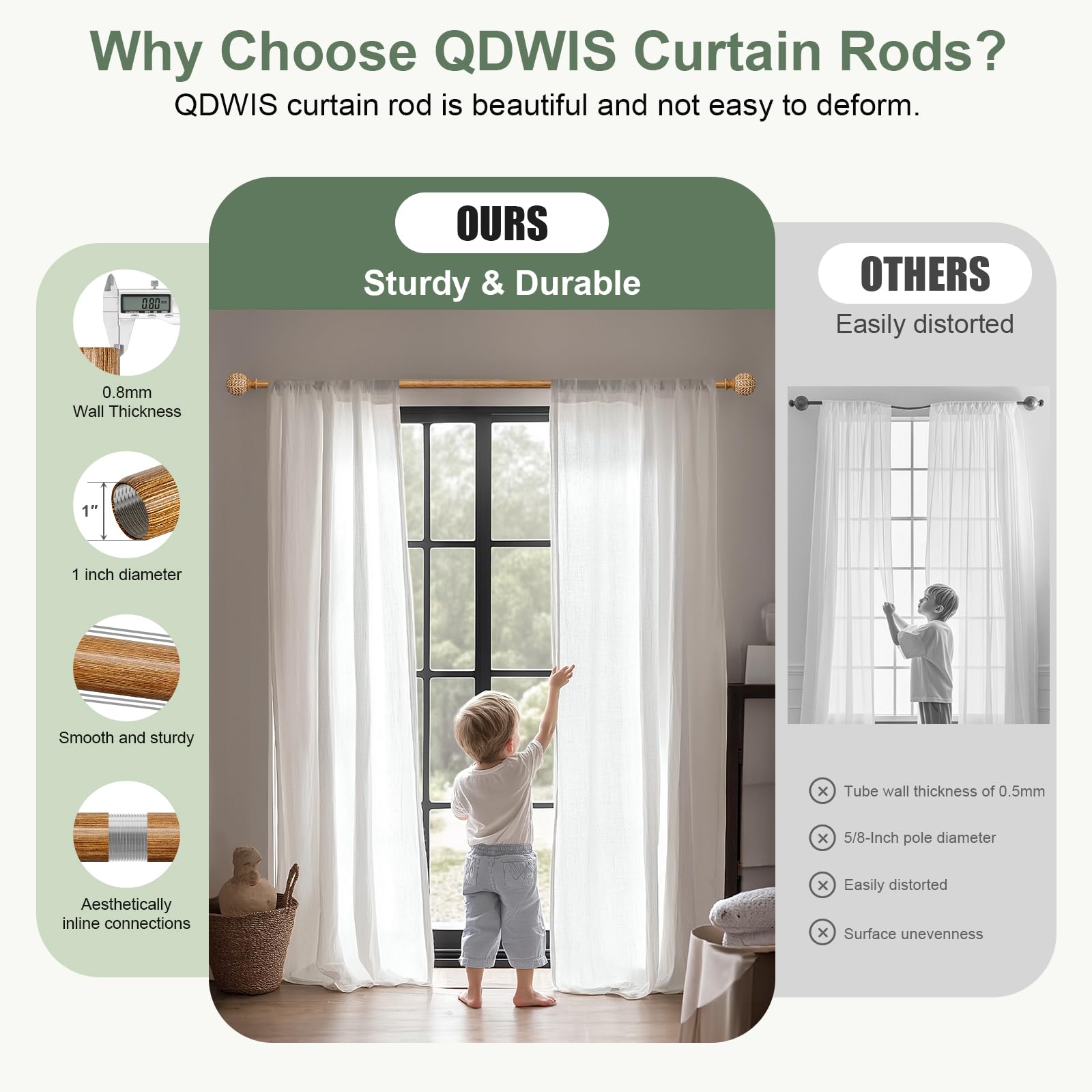 QDWIS Wood Curtain Rods for Windows 48 to 84 Inch,1'' Diameter Drapery Rods with Imitation Wood Grain Leaf Pattern Finials,Boho Adjustable Heavy Duty Curtain Rods Set,36-88''
