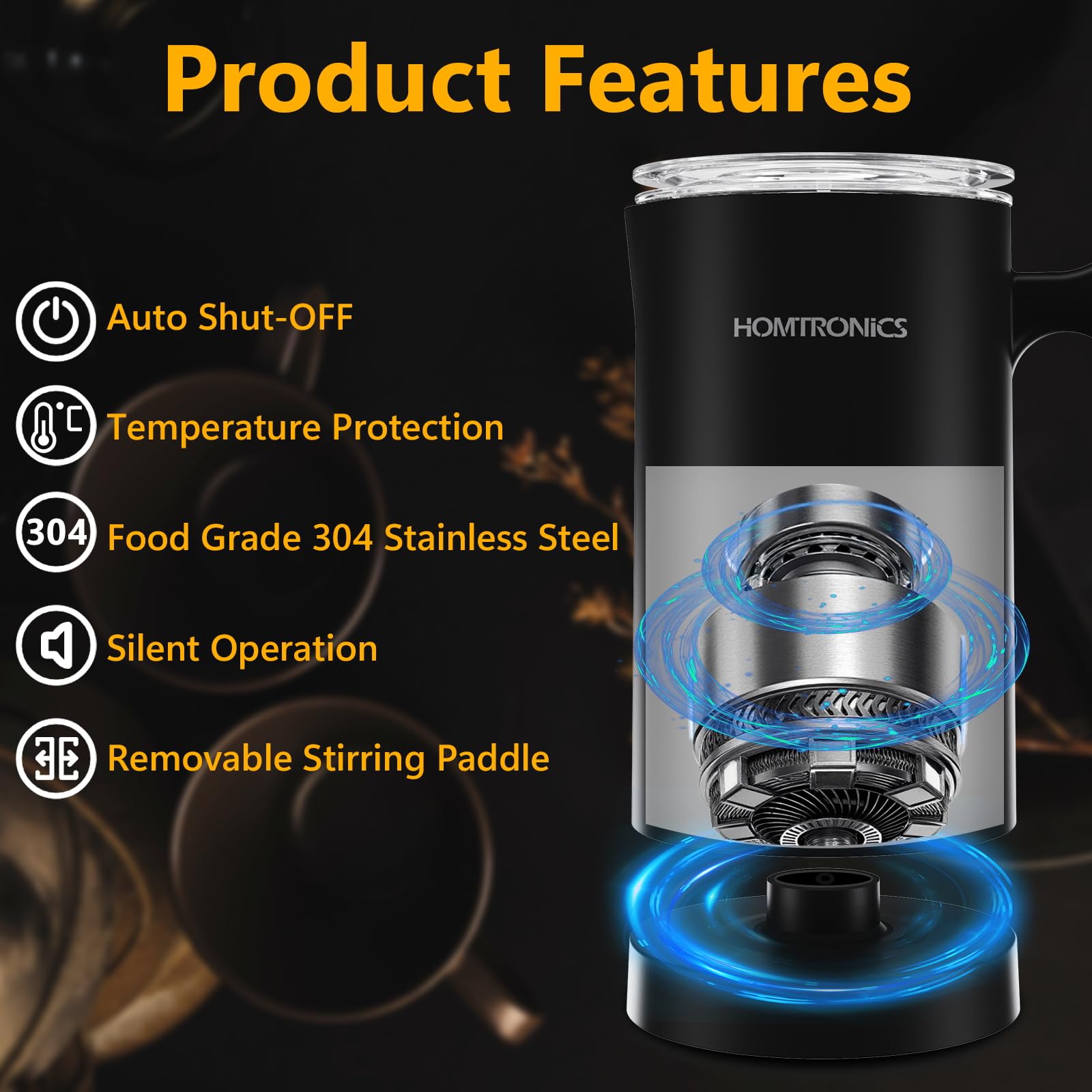 Milk Frother 4 in 1, [Upgraded 14.5 oz/430ml Capacity] 304 Stainless Steel Electric Milk Frother and Steamer with Cold & Hot Froth for Latte Cappuccino, Homtronics Automatic Coffee Foam Maker