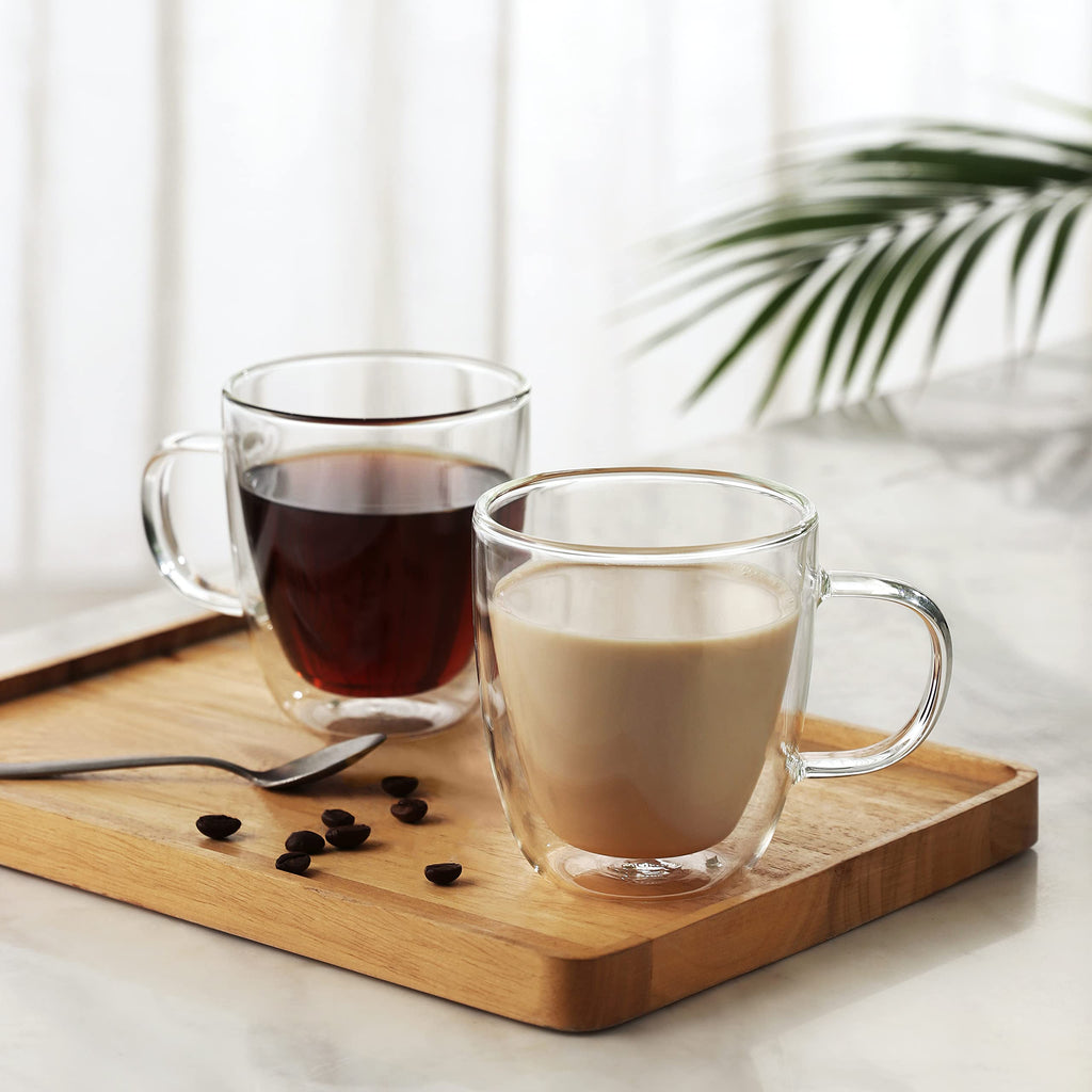 CNGLASS Double Wall Glass Coffee Mugs 12 oz,Insulated Glass Coffee Cups with Handle,Clear Coffee,Cappuccino Cups,Tea Cups,Latte Cups,Beverage Heat Resistant,Set of 2
