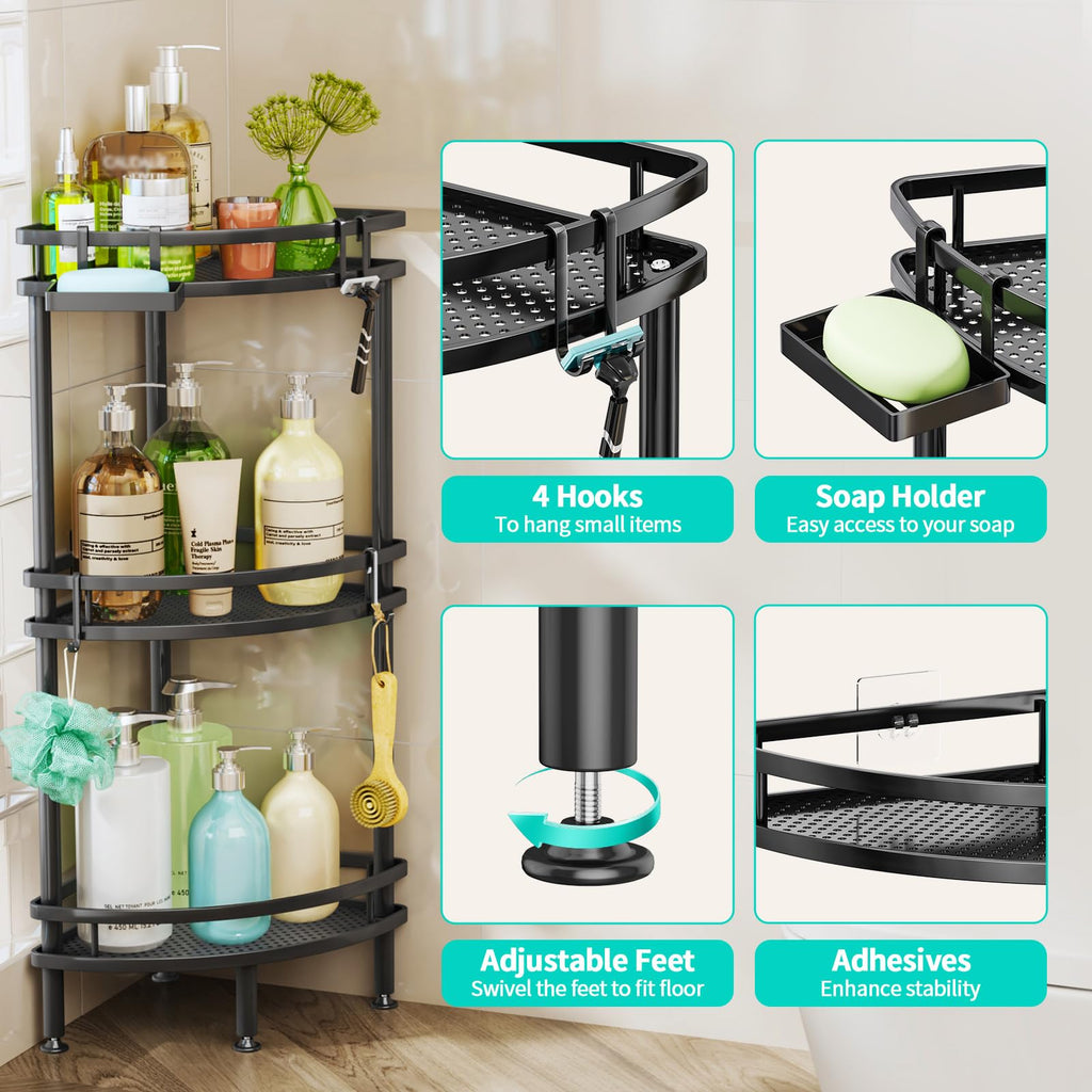 HapiRm Standing Shower Caddy Corner - 3 Tier Corner Shower Shelves with Soap Holder and 4 Hooks, Rustproof Shower Organizer Corner with Adhesives, Black