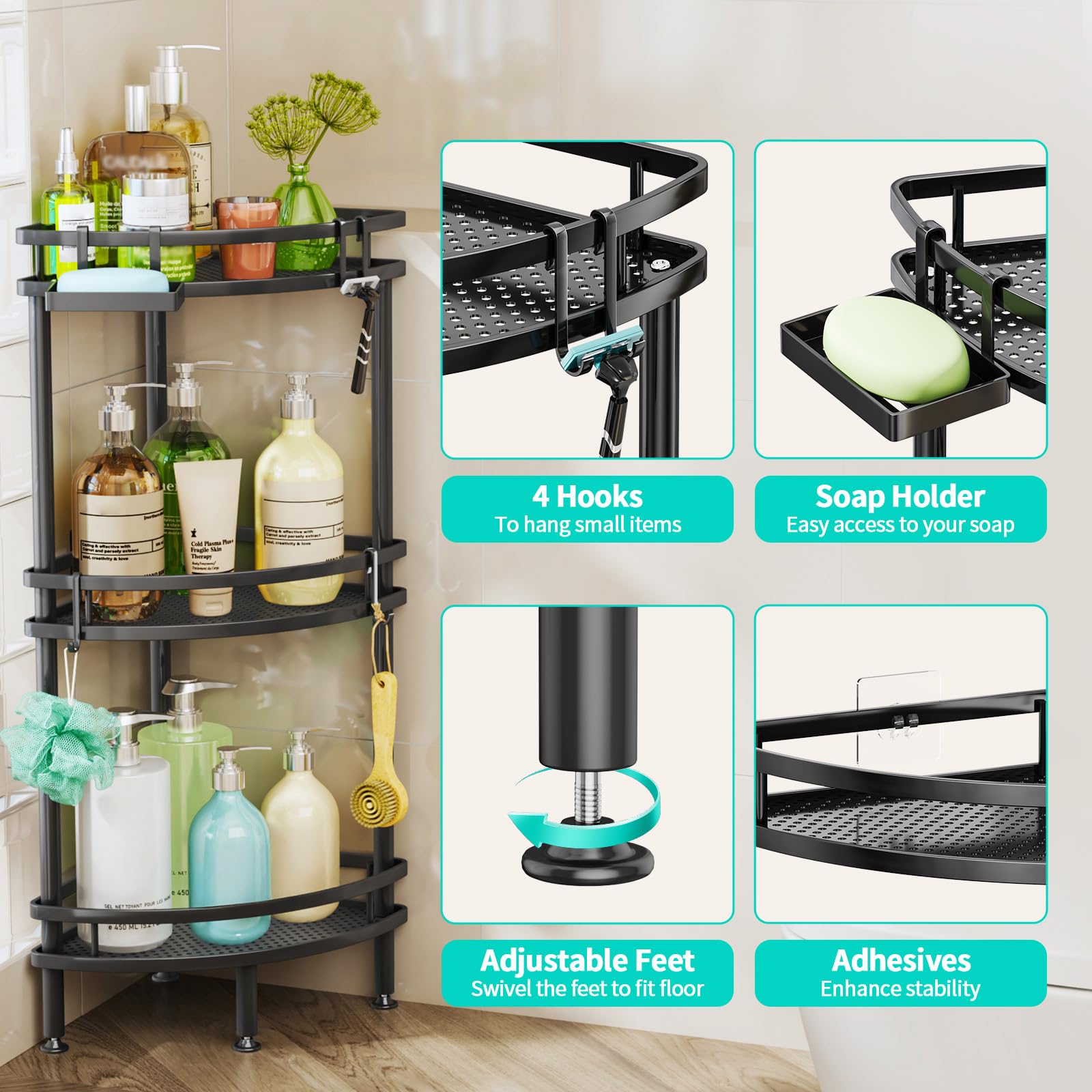 HapiRm Standing Shower Caddy Corner - 3 Tier Corner Shower Shelves with Soap Holder and 4 Hooks, Rustproof Shower Organizer Corner with Adhesives, Black