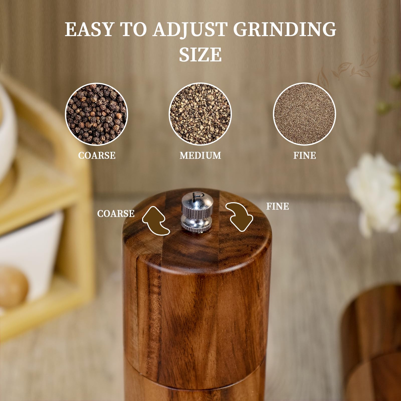 2 Pack Acacia Wooden Salt and Pepper Grinder Set, 8 Inches Refillable Salt and Pepper Mills with Adjustable Coarseness & Ceramic Core, Wood Peppercorn Shaker Salt Grinders Tableware Birthday Gifts