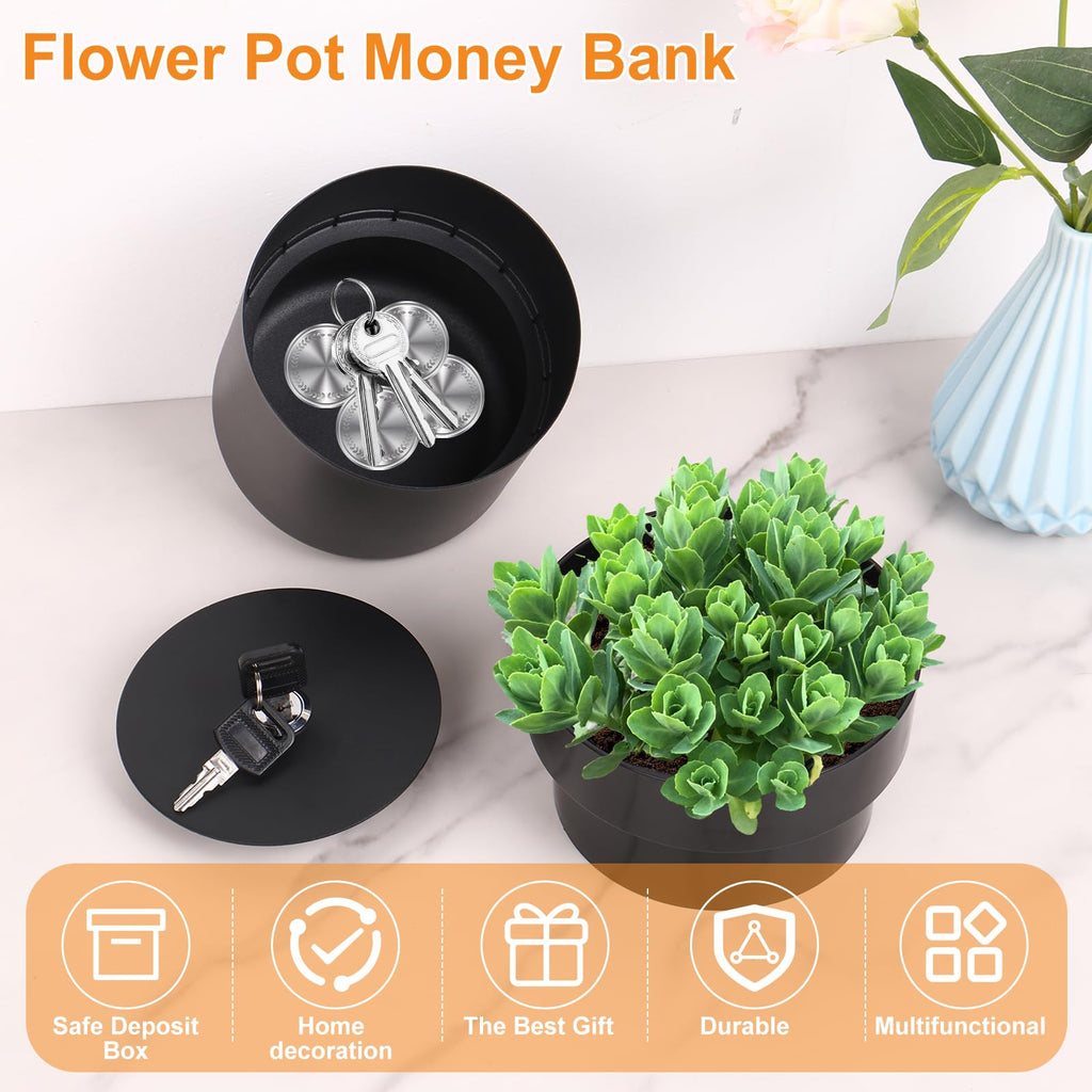 GLMFAN Flower Pot Diversion Safe with Key Lock, Secret Hidden Safe Organizer Box, Secret Safe Compartment Lock Case 2 Layer, Perfect for Hiding Key, Money, Jewelry, Watch and Passport (Black)