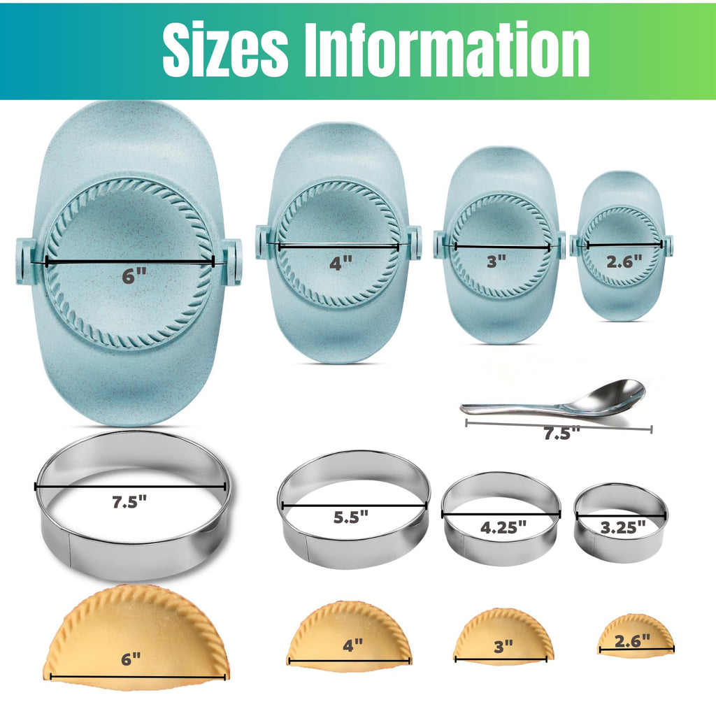 MUMSUNG Empanada Maker Press, 4Size (6"+4"+3"+2.6") Professional Dumpling Maker Mold kit with Dough Cutter and Filling Spoon, Fast to Make Empanadas Jamaican Beef Patties Pierogi pastelitos, Sky Blue