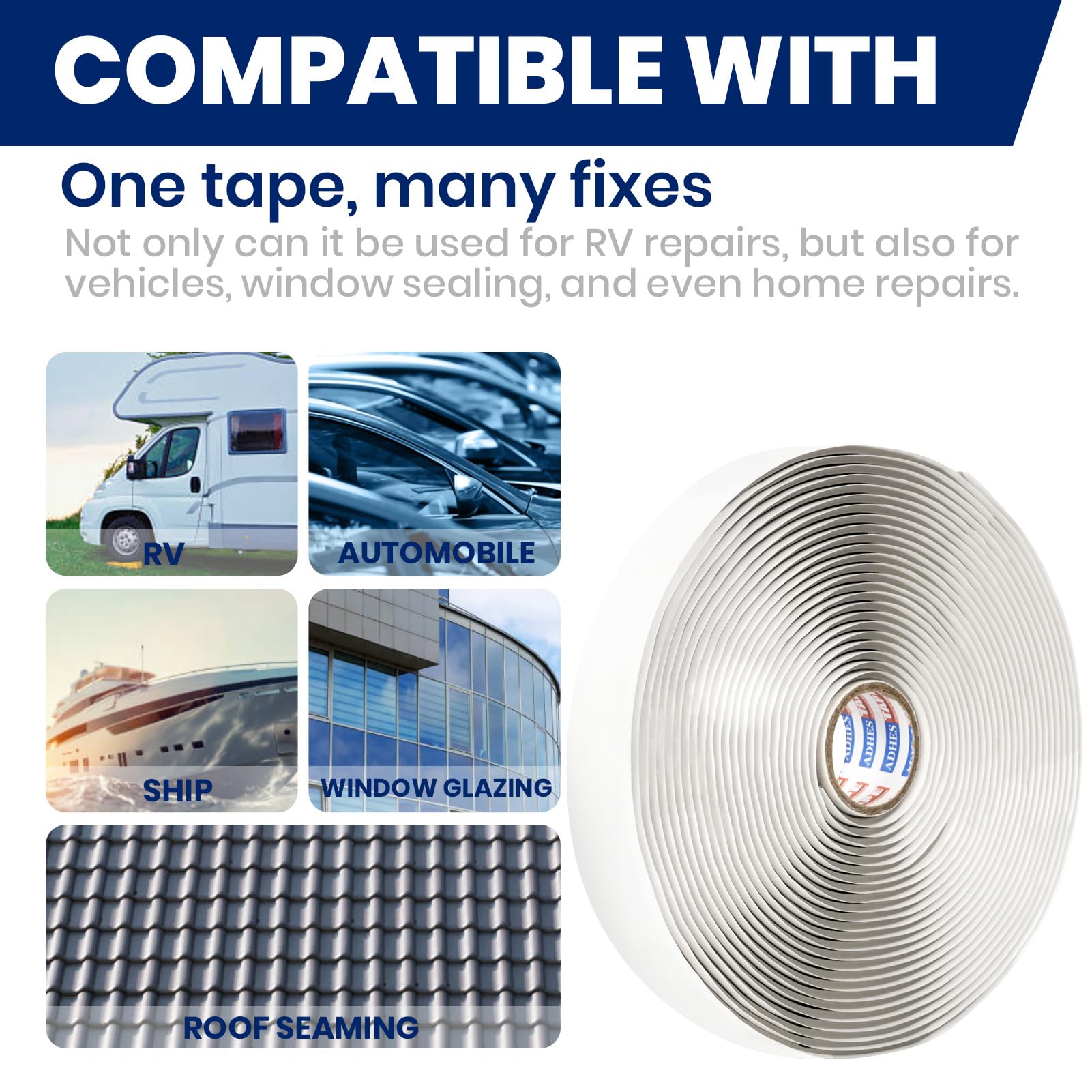 ADHES Premium Butyl Sealant Tape 1" x 30 'x 1/8" White Butyl Rubber Sealant Tape for RVs, Vehicles, Marine and Home Repair – Ideal for Headlights, Windows, Doors, and Windshields
