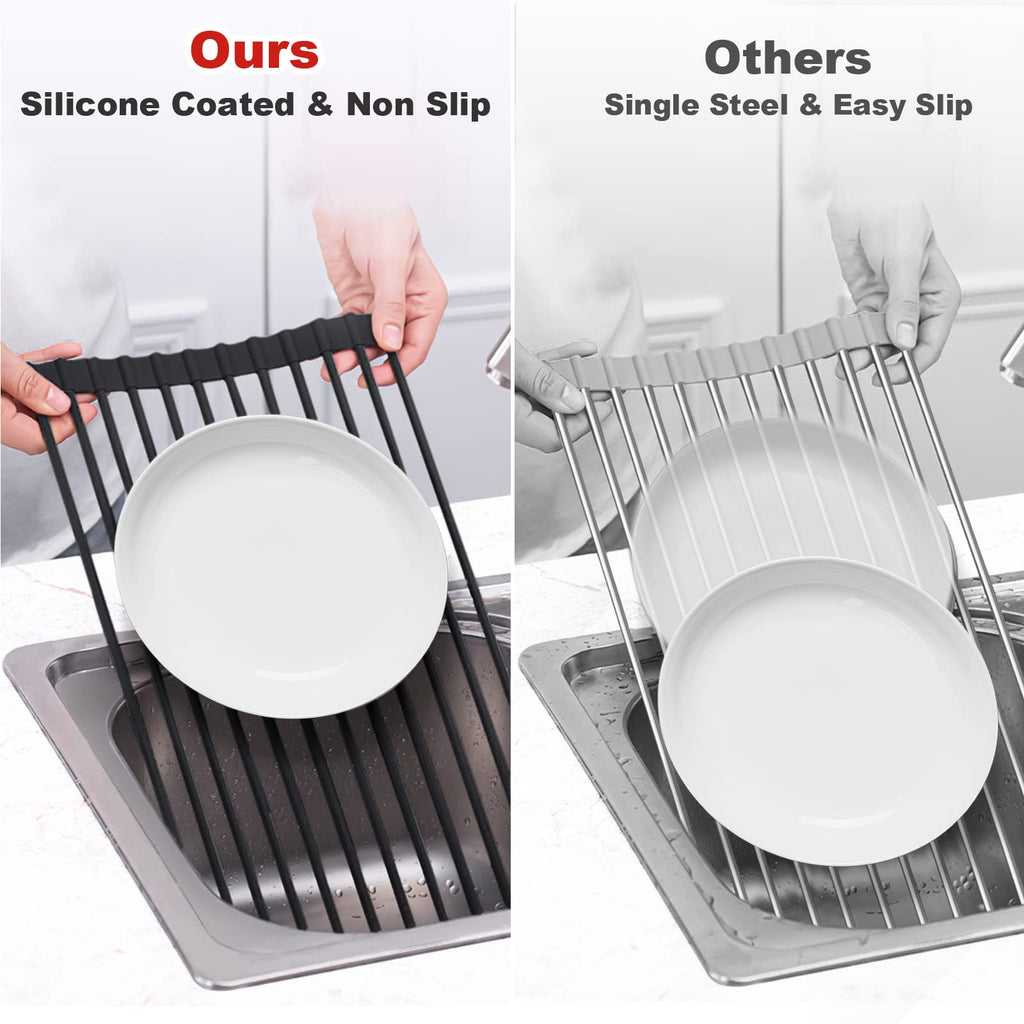 MERRYBOX 20.5" x 13" Roll Up Dish Drying Rack Silicone Wrapped Over The Sink Dish Drying Rack Multipurpose Foldable Sink Drying Mat, Heat-Resistant & Anti-Rust Dish Rack for Kitchen Sink, Large, Black