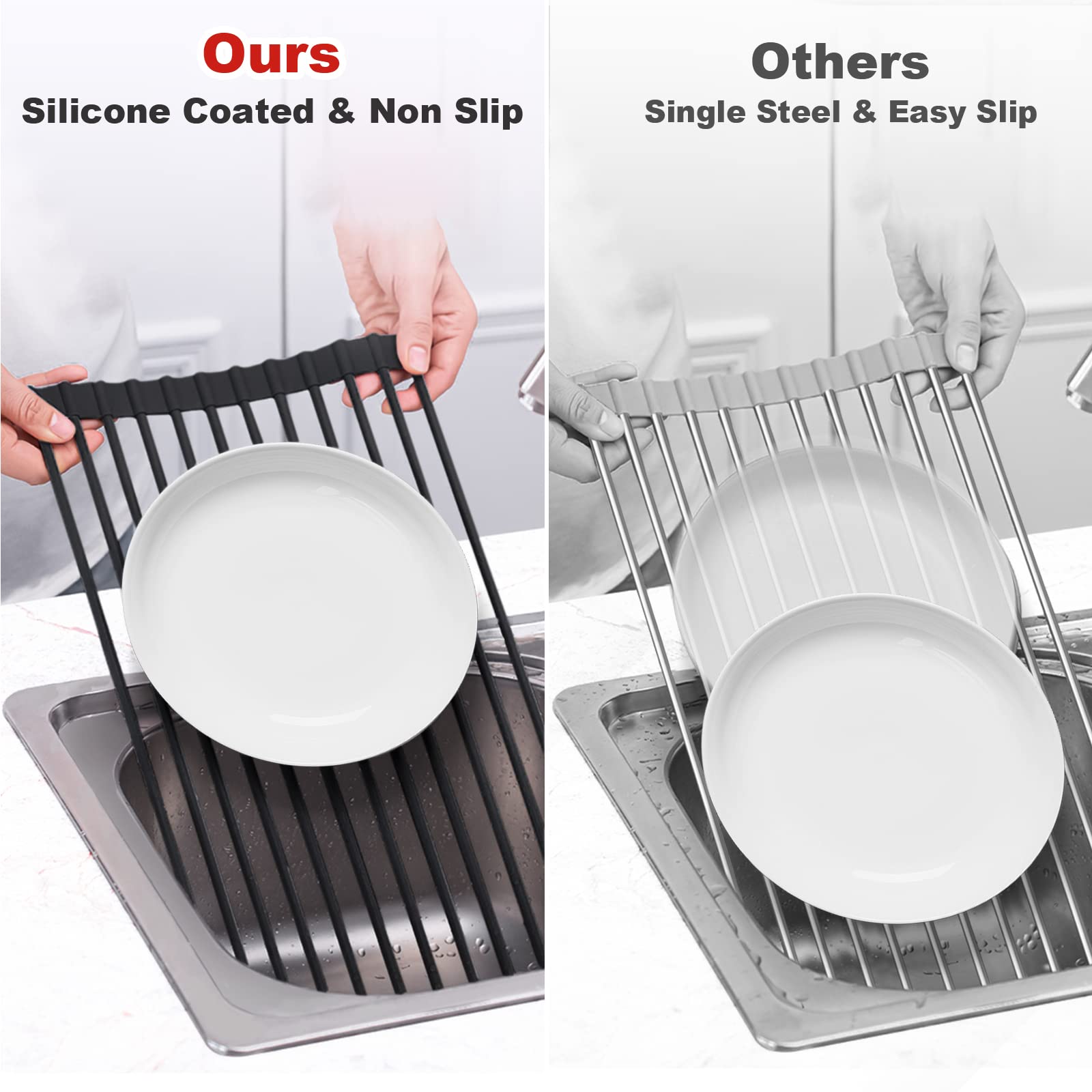 MERRYBOX 20.5" x 13" Roll Up Dish Drying Rack Silicone Wrapped Over The Sink Dish Drying Rack Multipurpose Foldable Sink Drying Mat, Heat-Resistant & Anti-Rust Dish Rack for Kitchen Sink, Large, Black