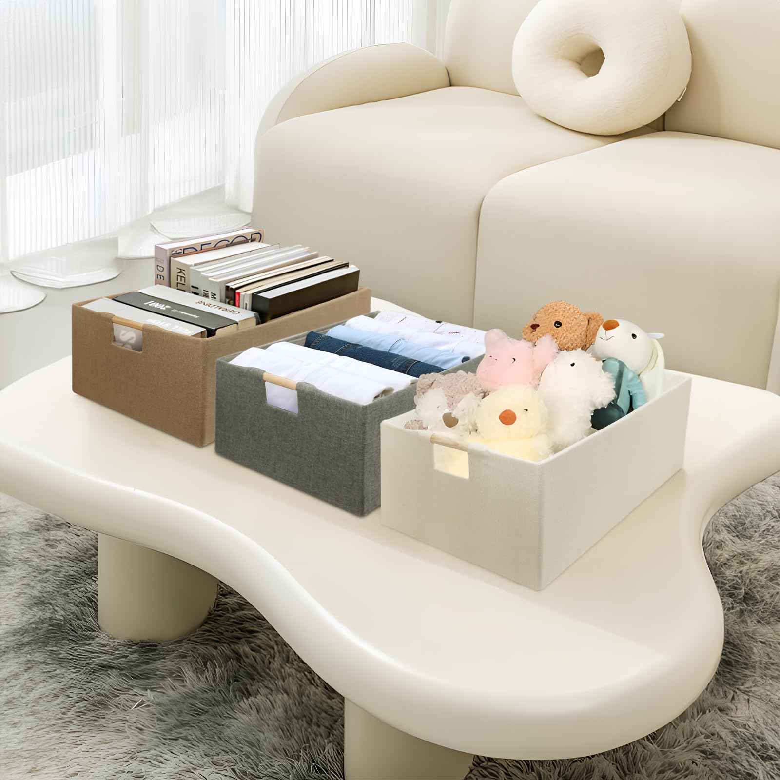 Fabric Collapsible Storage Bins, 2 Packs Cloth Storage Cubes with Wooden Handles, Stow Home Items Shelf Baskets, Rectangular Storage Basket for Decor, Shelves and Closet Organizer Bins (Beige)