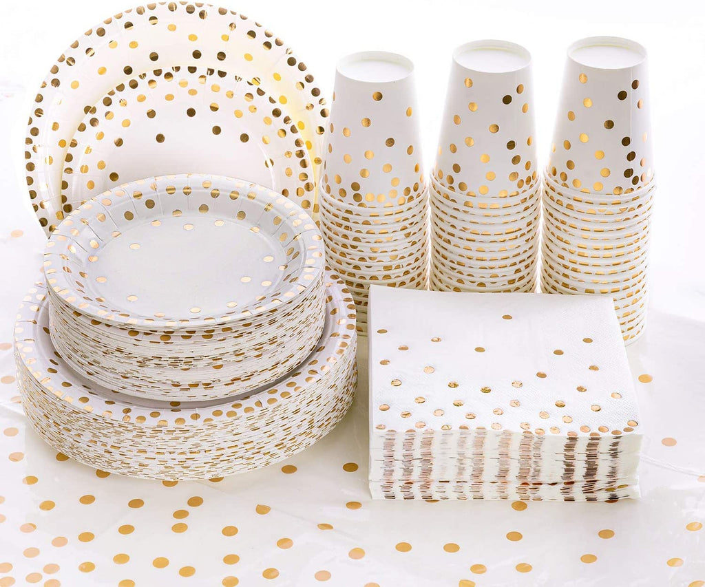 201 PCS Disposable Paper Plates Gold Party Supplies, Golden Polka Dots Birthday and Baptism Decorations, Include Plates and Cups, Napkins, Plastic Tablecloth, for Birthday Party, Engagement, Wedding
