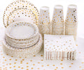 201 PCS Disposable Paper Plates Gold Party Supplies, Golden Polka Dots Birthday and Baptism Decorations, Include Plates and Cups, Napkins, Plastic Tablecloth, for Birthday Party, Engagement, Wedding