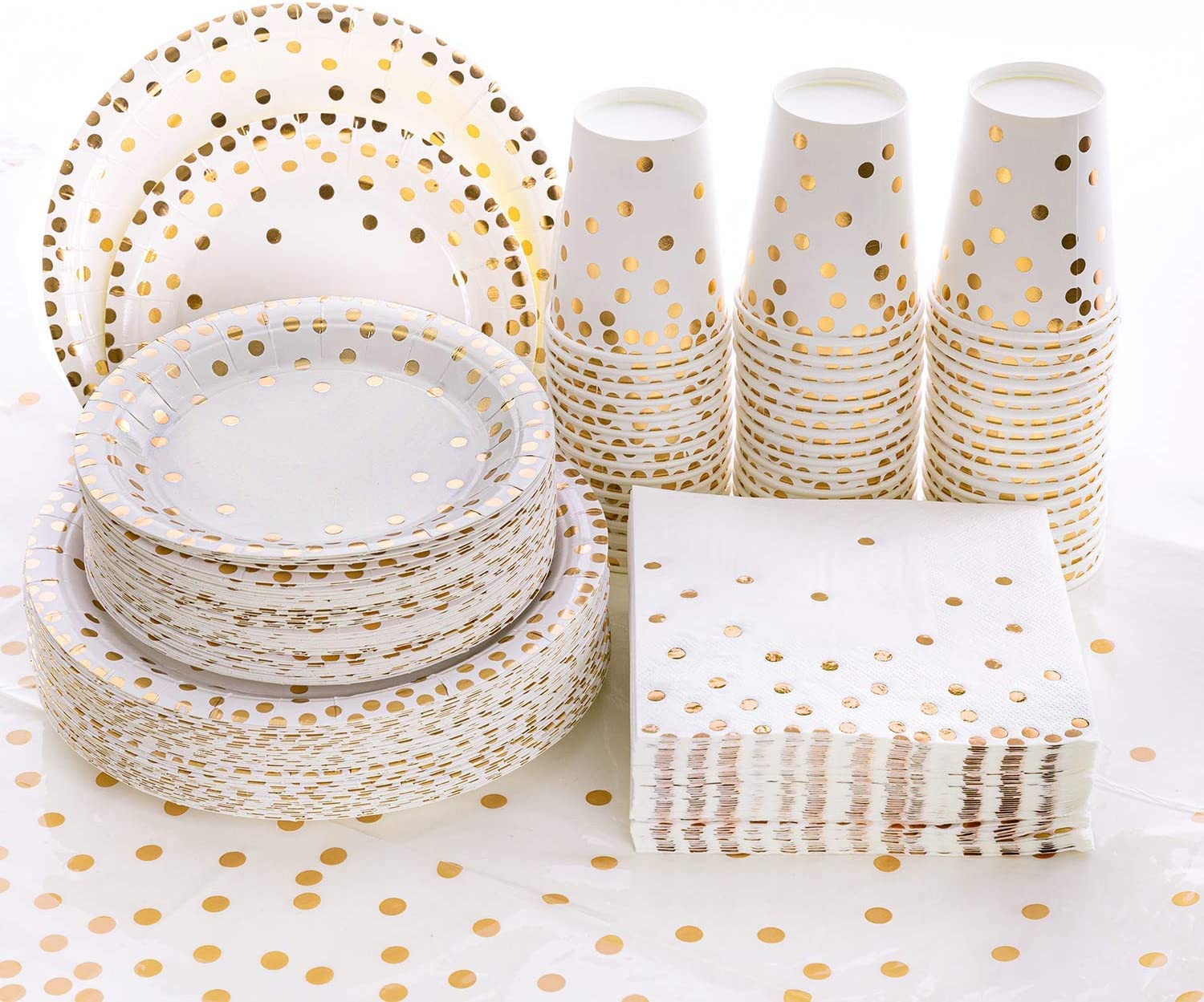 201 PCS Disposable Paper Plates Gold Party Supplies, Golden Polka Dots Birthday and Baptism Decorations, Include Plates and Cups, Napkins, Plastic Tablecloth, for Birthday Party, Engagement, Wedding