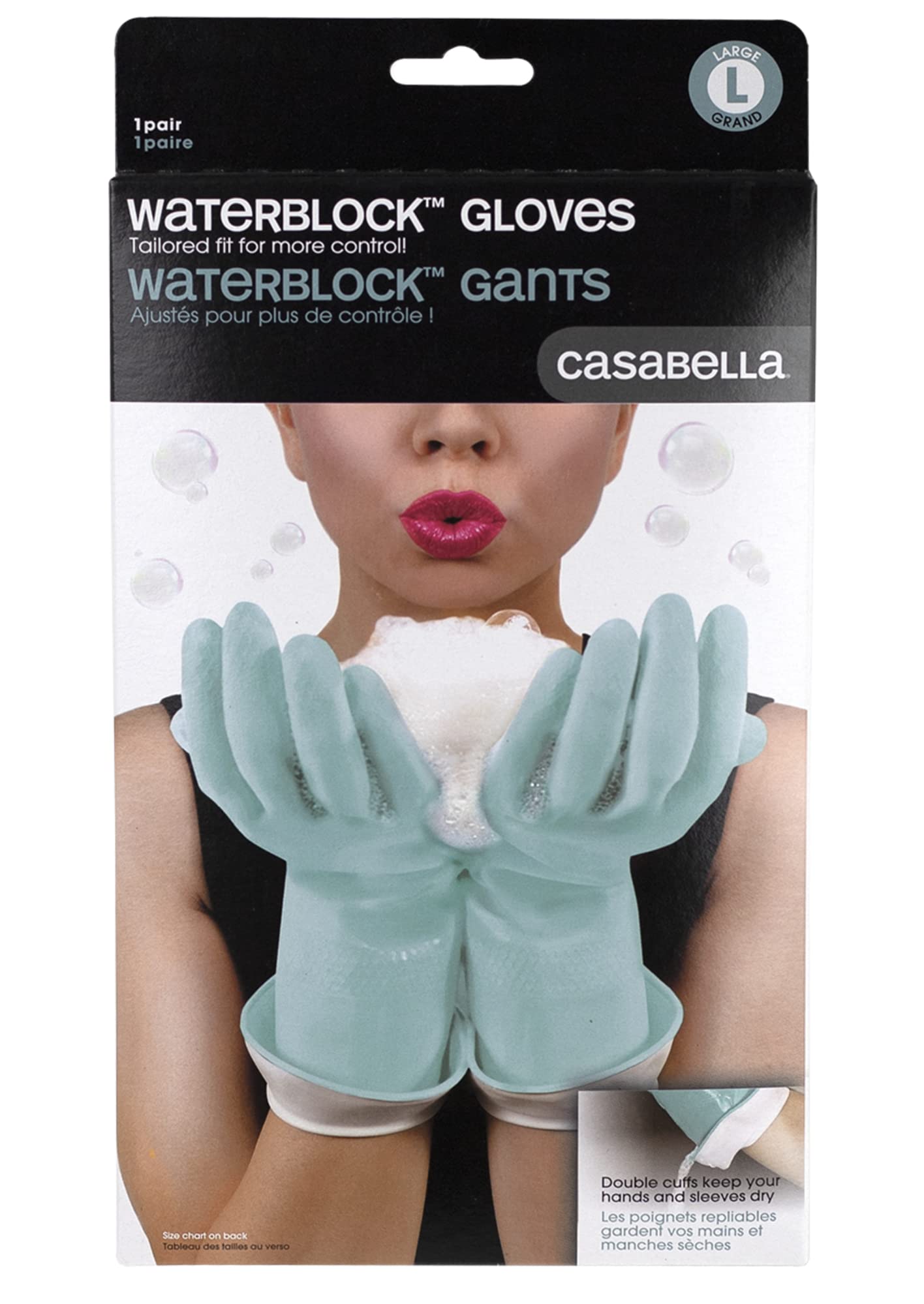 CASABELLA Pack of 2 Reusable Latex Water Block Cleaning Gloves with Cotton Lining, Large, Pink & Blue, CL00618CAD-001
