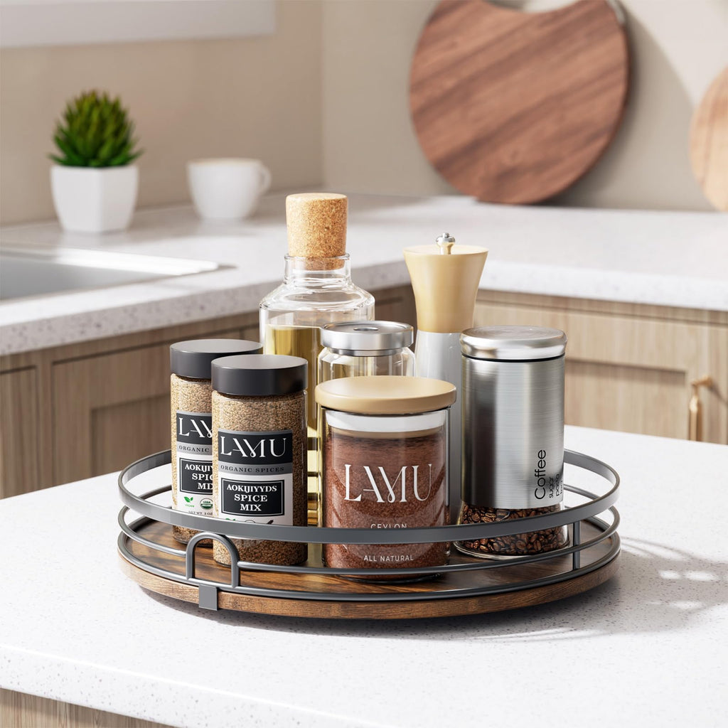 LAMU 12'' Lazy Susan Turntable Organizer for Cabinet, Round Wood Lazy Susan for Table Top, Countertop, Kitchen, Pantry, Spice, Bathroom Vanity, Decor