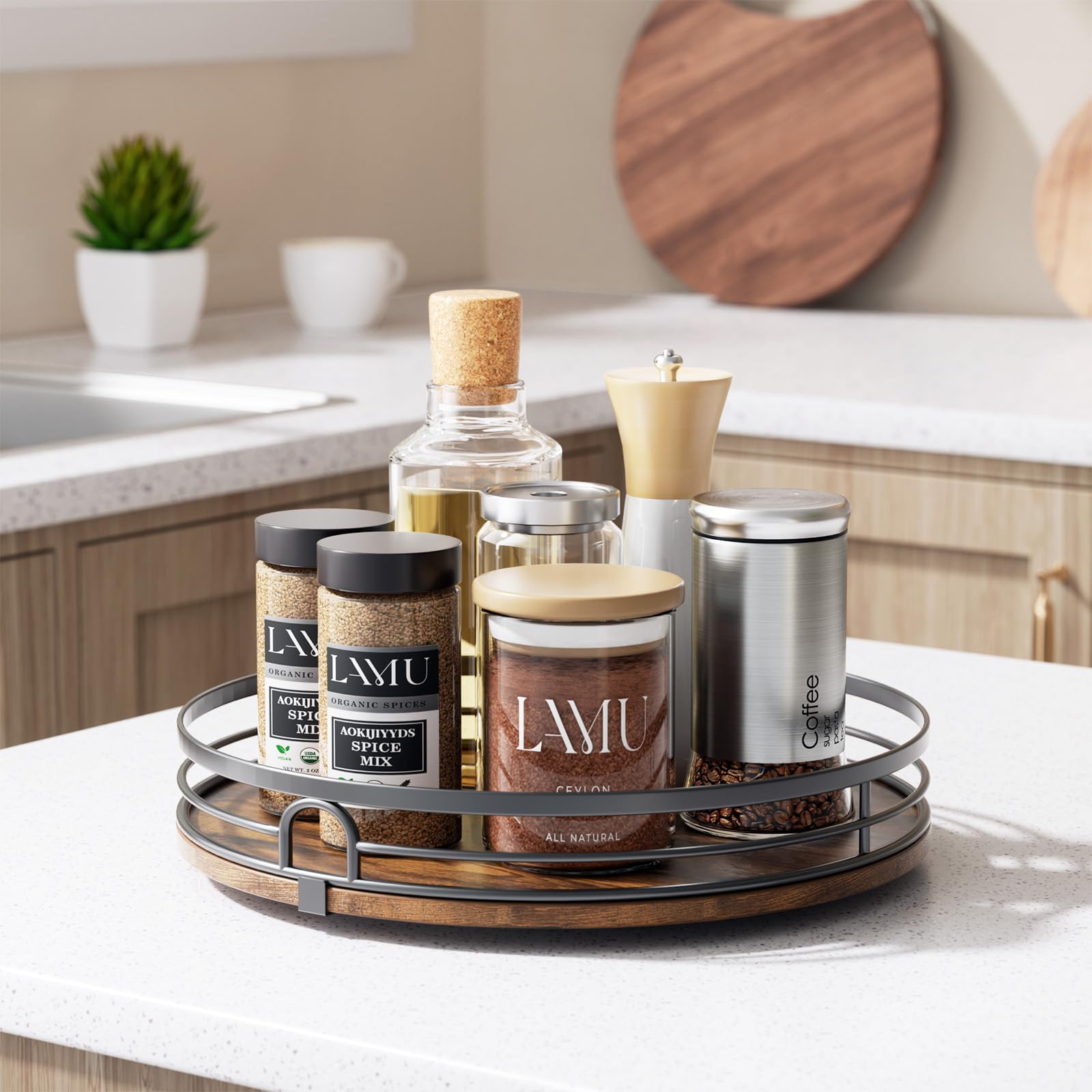 LAMU 12'' Lazy Susan Turntable Organizer for Cabinet, Round Wood Lazy Susan for Table Top, Countertop, Kitchen, Pantry, Spice, Bathroom Vanity, Decor