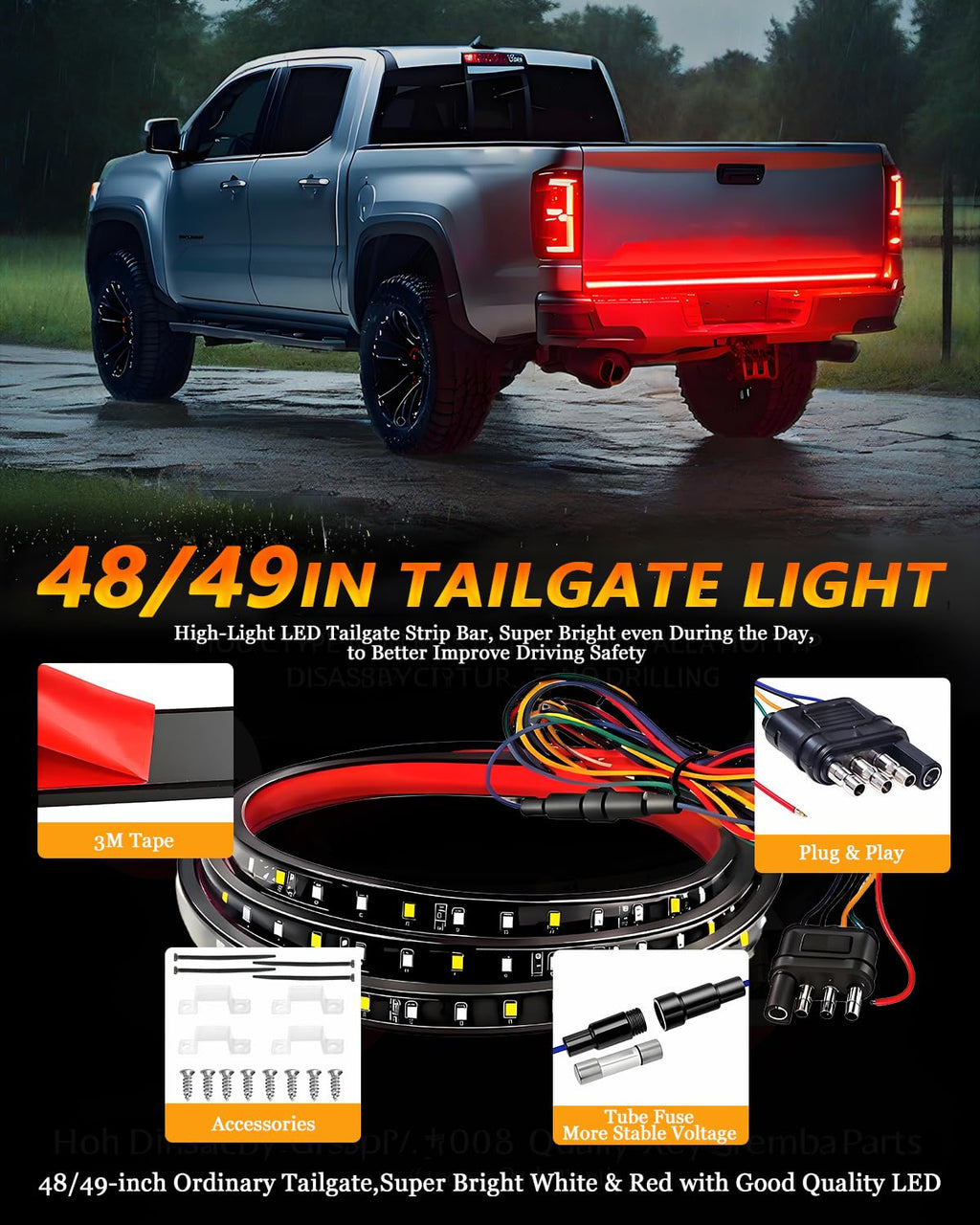 48/49inch LED Truck Tailgate Light Strip 1.2M 5 Function Red/White for Tail Running Brake Light Turn Signal Emergency Warning Reverse Light for Pickup SUV Trailer Cargo